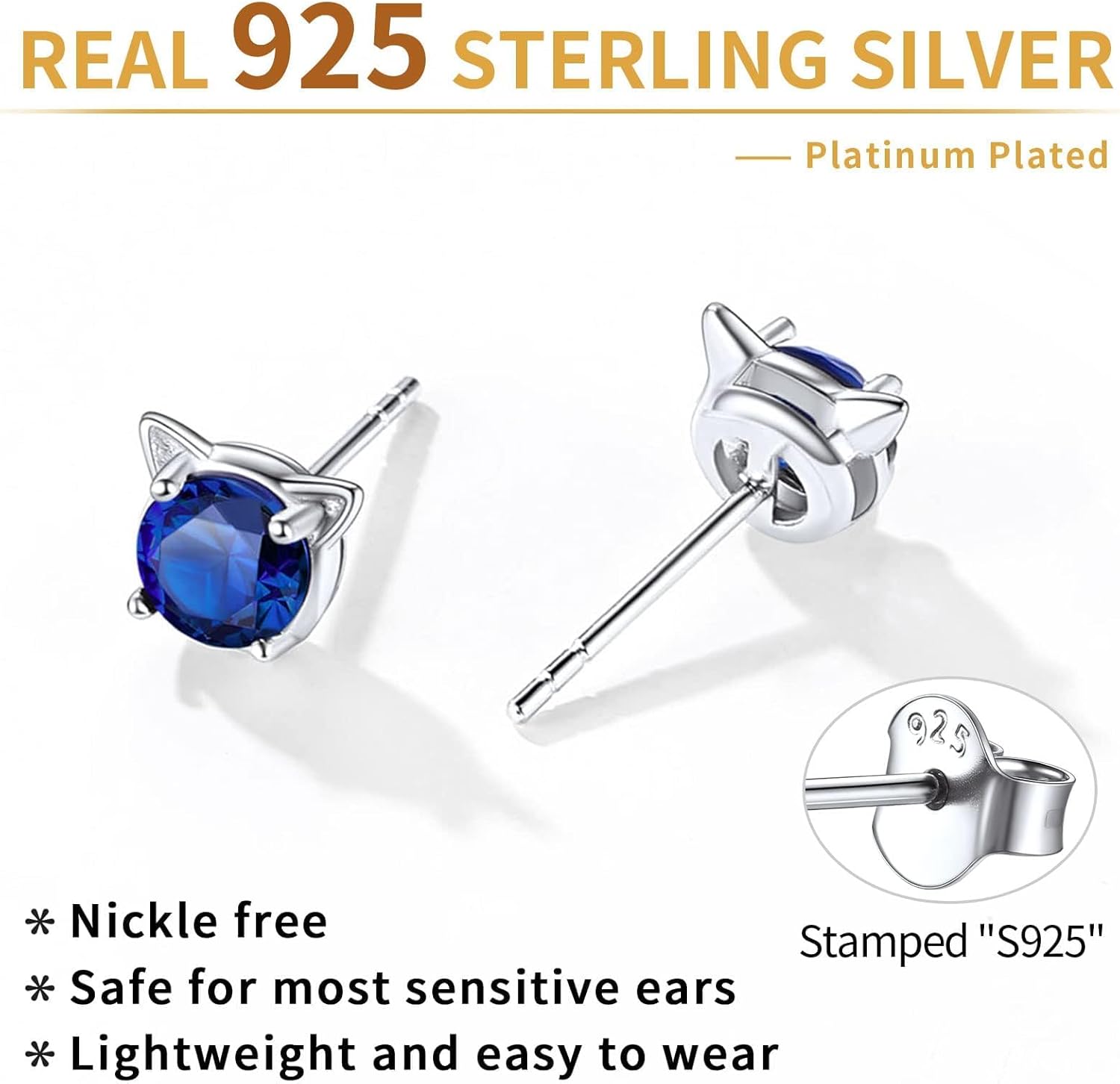 Cute Cat Diamond Birthstone Stud Earrings for women, september birthstone, Sapphire Jewelry, Virgo Birthstone, Libra Birthstone, sterling silver jewelry, gift idea