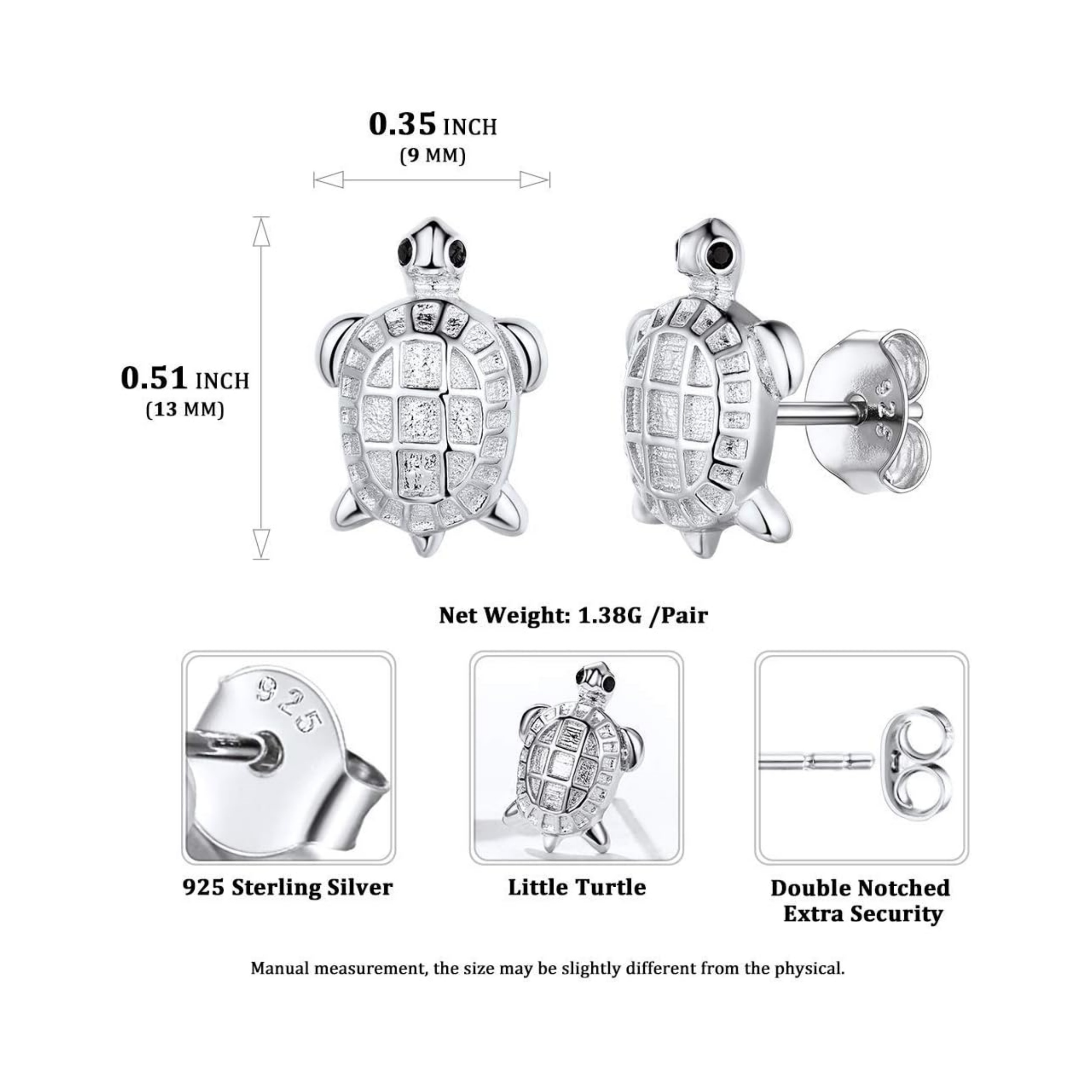 Cute Turtle Stud Earrings Details: Dimensions, Hypoallergenic, Push Back Finding