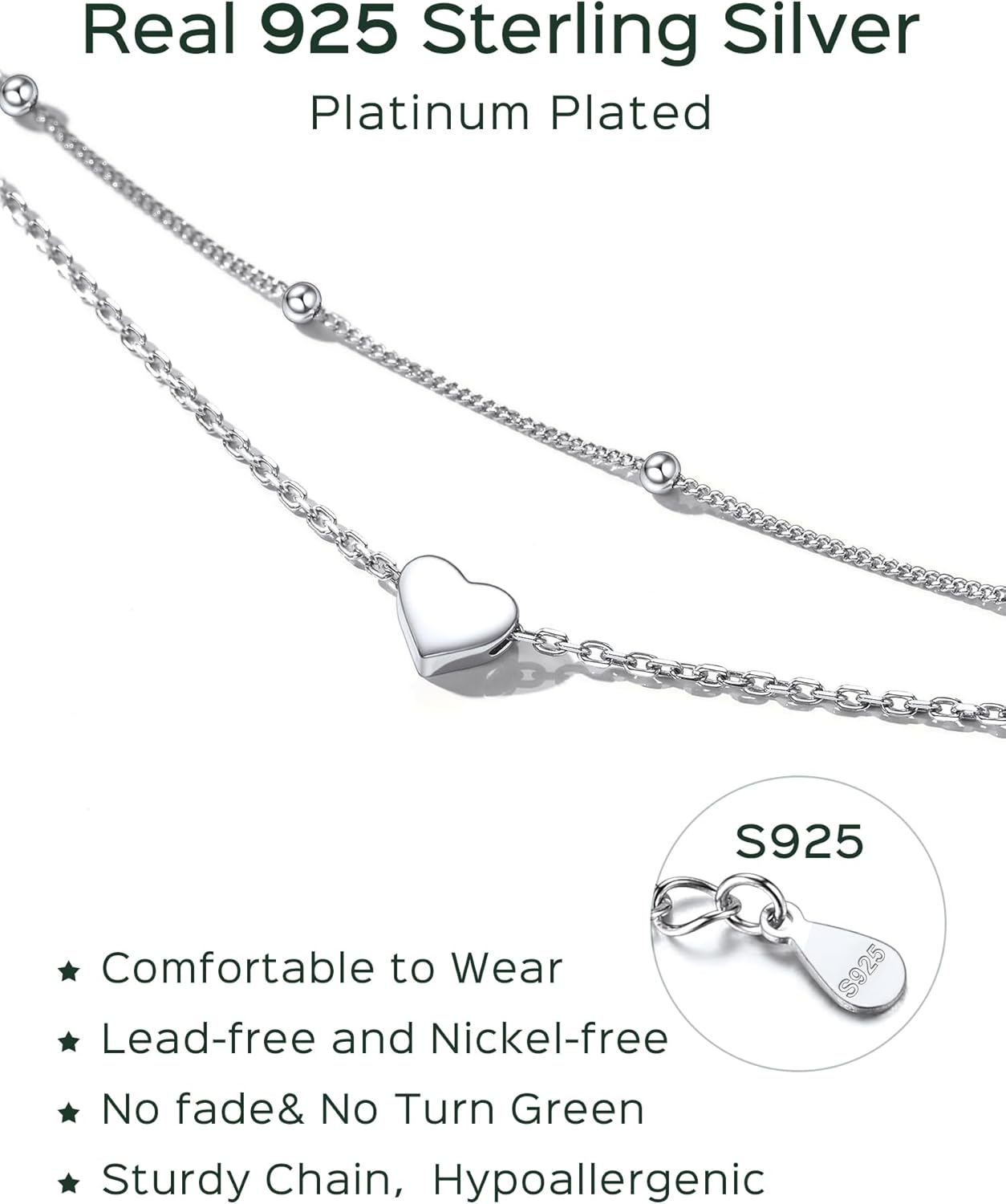 Layered Heart Anklet With Mini Beaded, sterling silver jewlery, silver anklets for women,  gift idea, heart jewelry