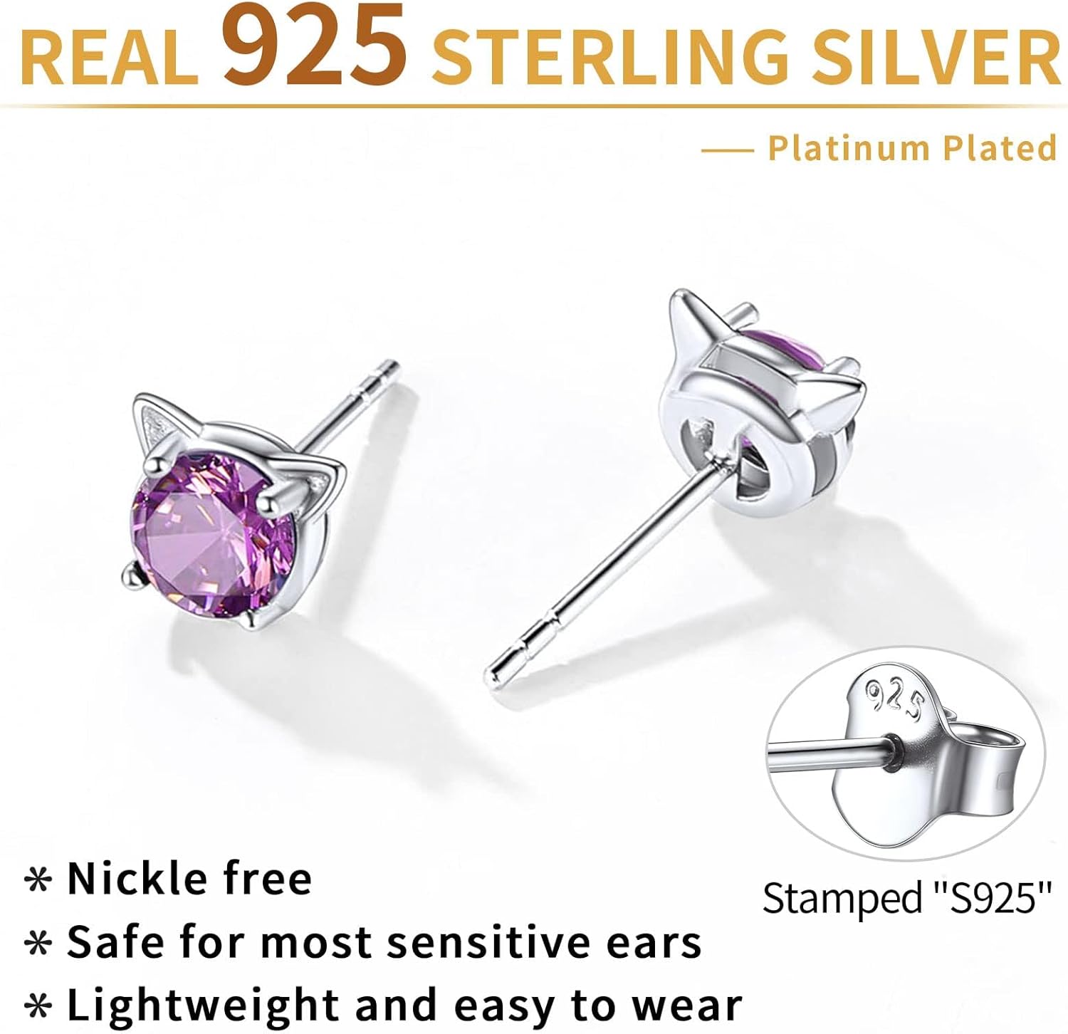 Cute Cat Diamond Birthstone Stud Earrings for women,  june birthstone, Alexandrite Jewelry, Gemini Birthstone, Cancer Birthstone, birthstone jewelry, gift idea