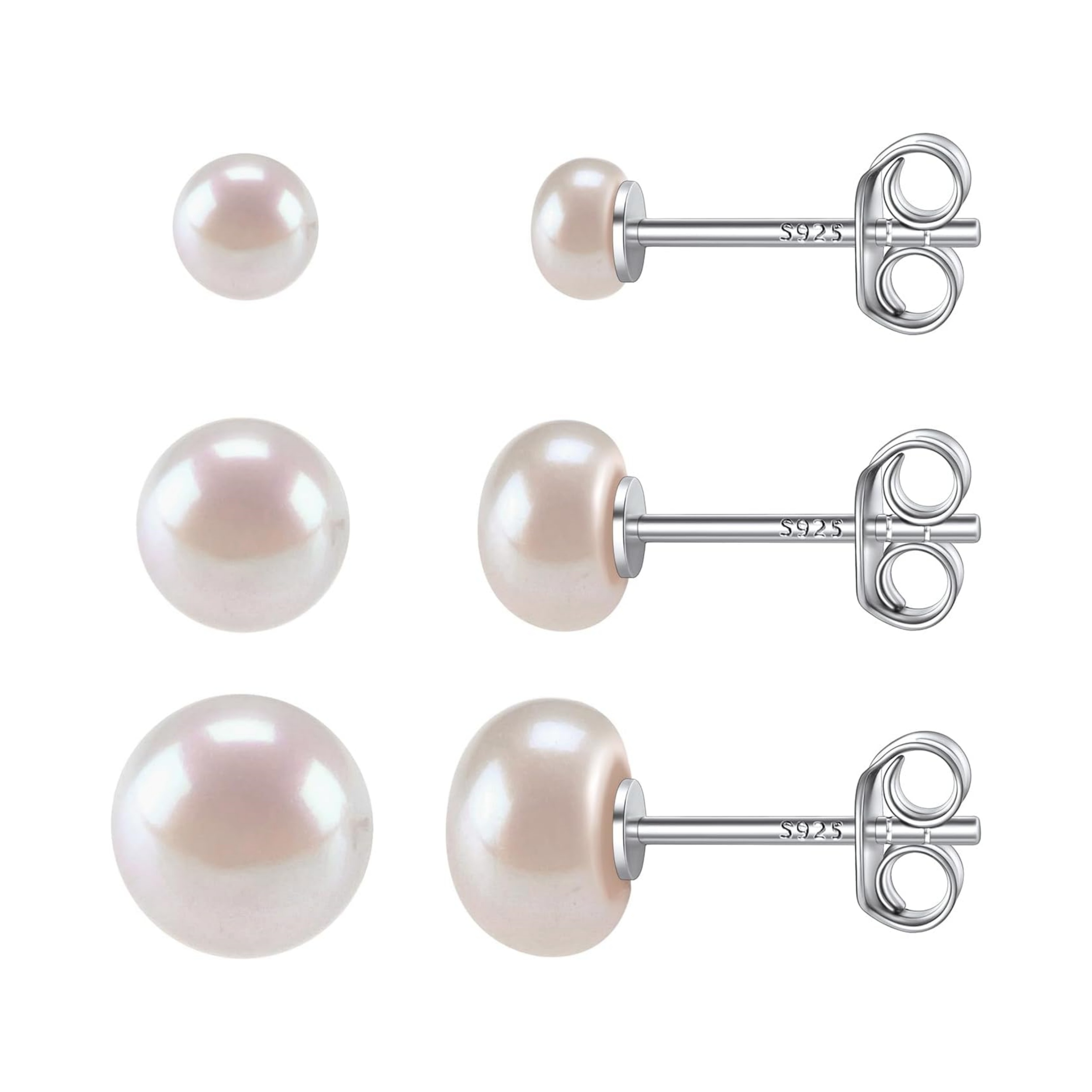 3 Pairs Freshwater Cultured White Button Pearl Stud Earrings for Women
