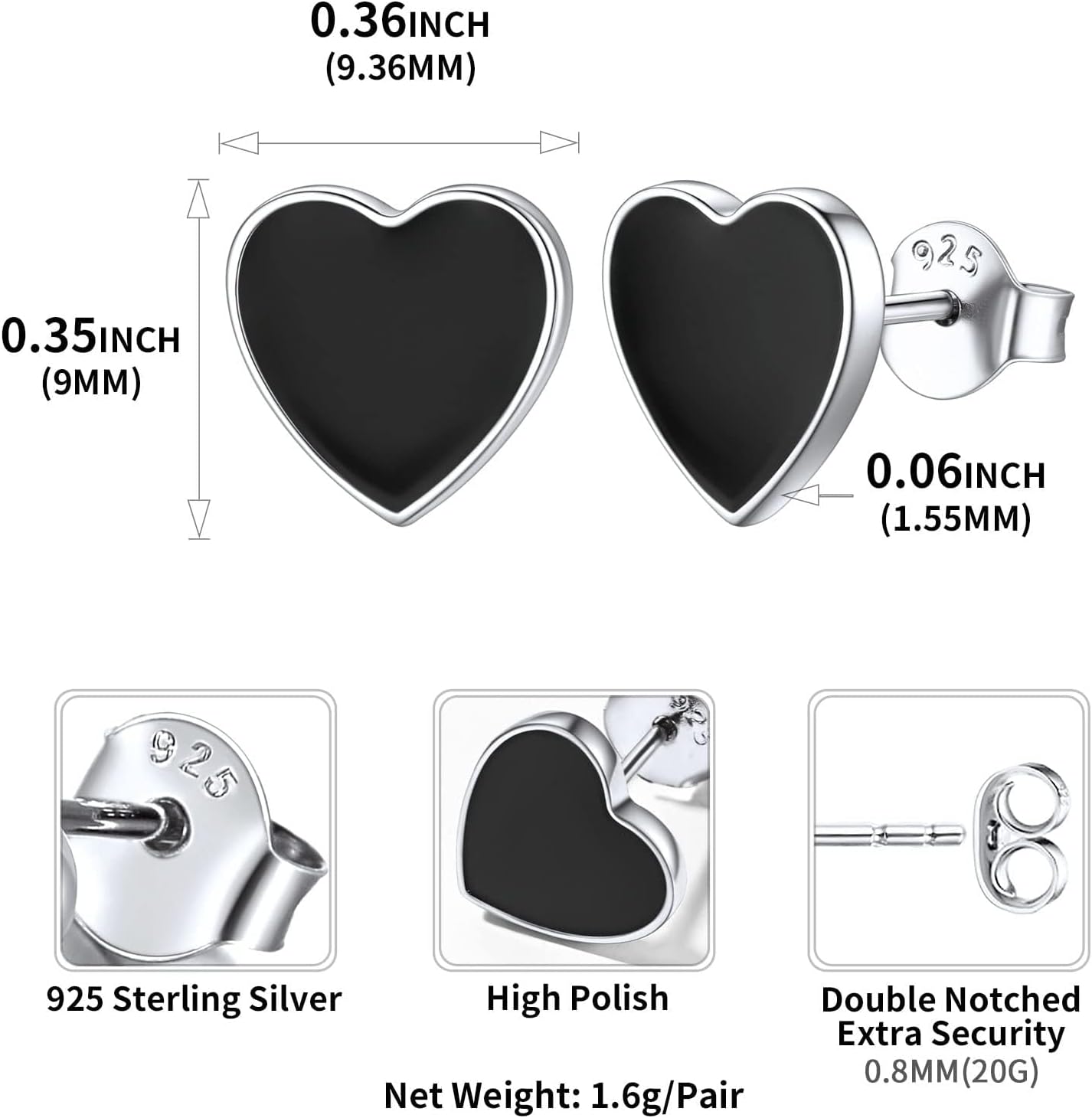 Hot Hypoallergenic Small Black Heart Stud Earrings, sterling silver jewlery, heart earrings, gift idea