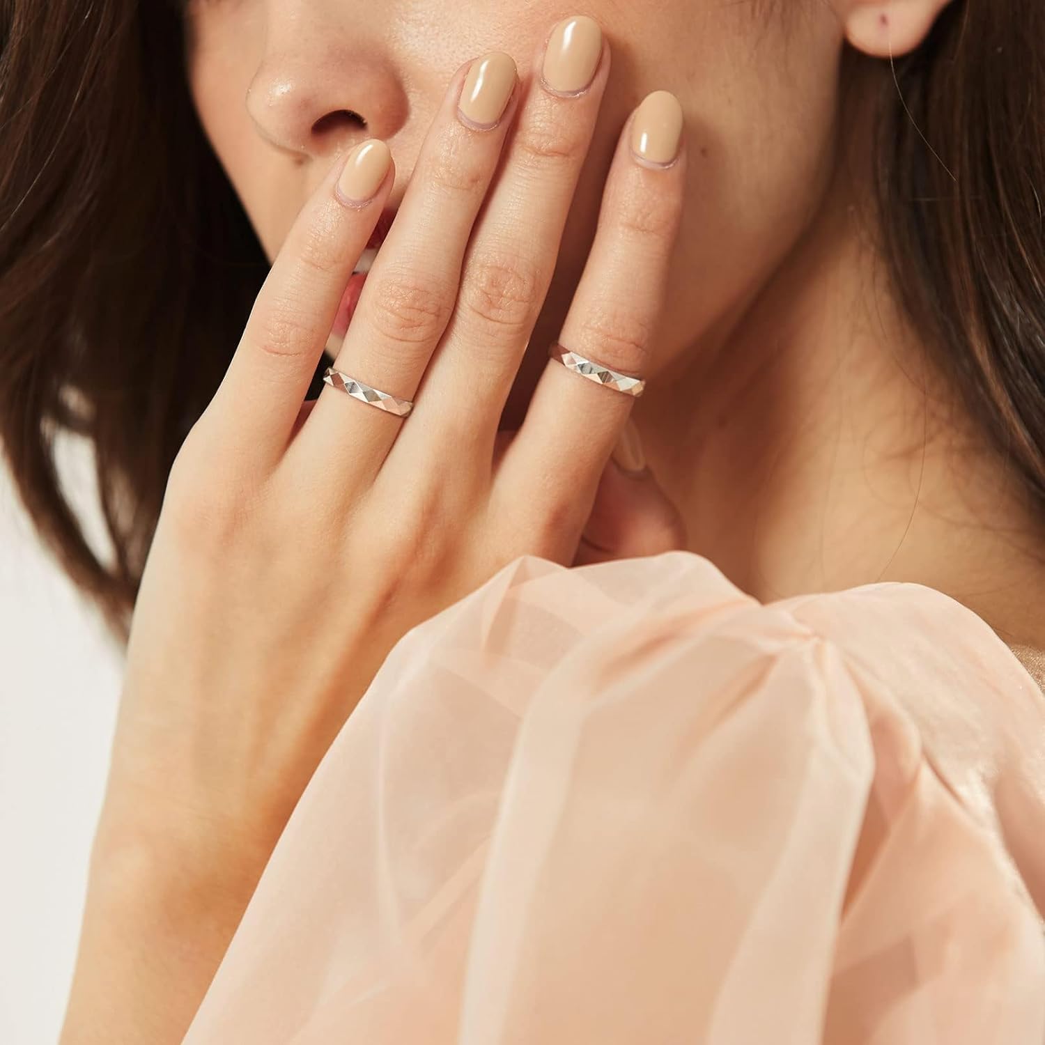 Sandblast Finish/Multi-Faceted Wedding Band Ring for Women