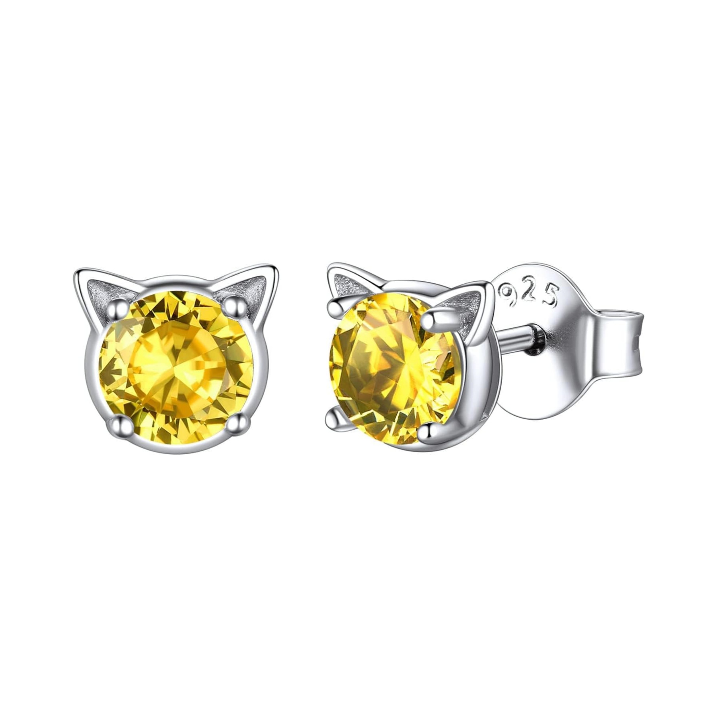 Cute Cat Diamond Birthstone Stud Earrings for women, November birthstone, Citrine Jewelry, Scorpio Birthstone, Sagittarius Birthstone, sterling silver jewelry, memorial gift, gift idea
