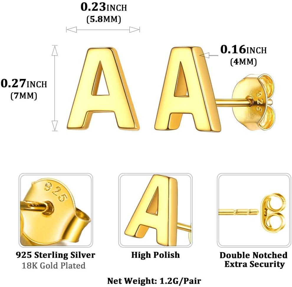A- Gold ChicSilver Hypoallergenic Initial Letter Earrings Studs, sterling silver jewlery, 925 sterling silver earrings, Initial Earrings, gift idea,  A to Z  jewelry