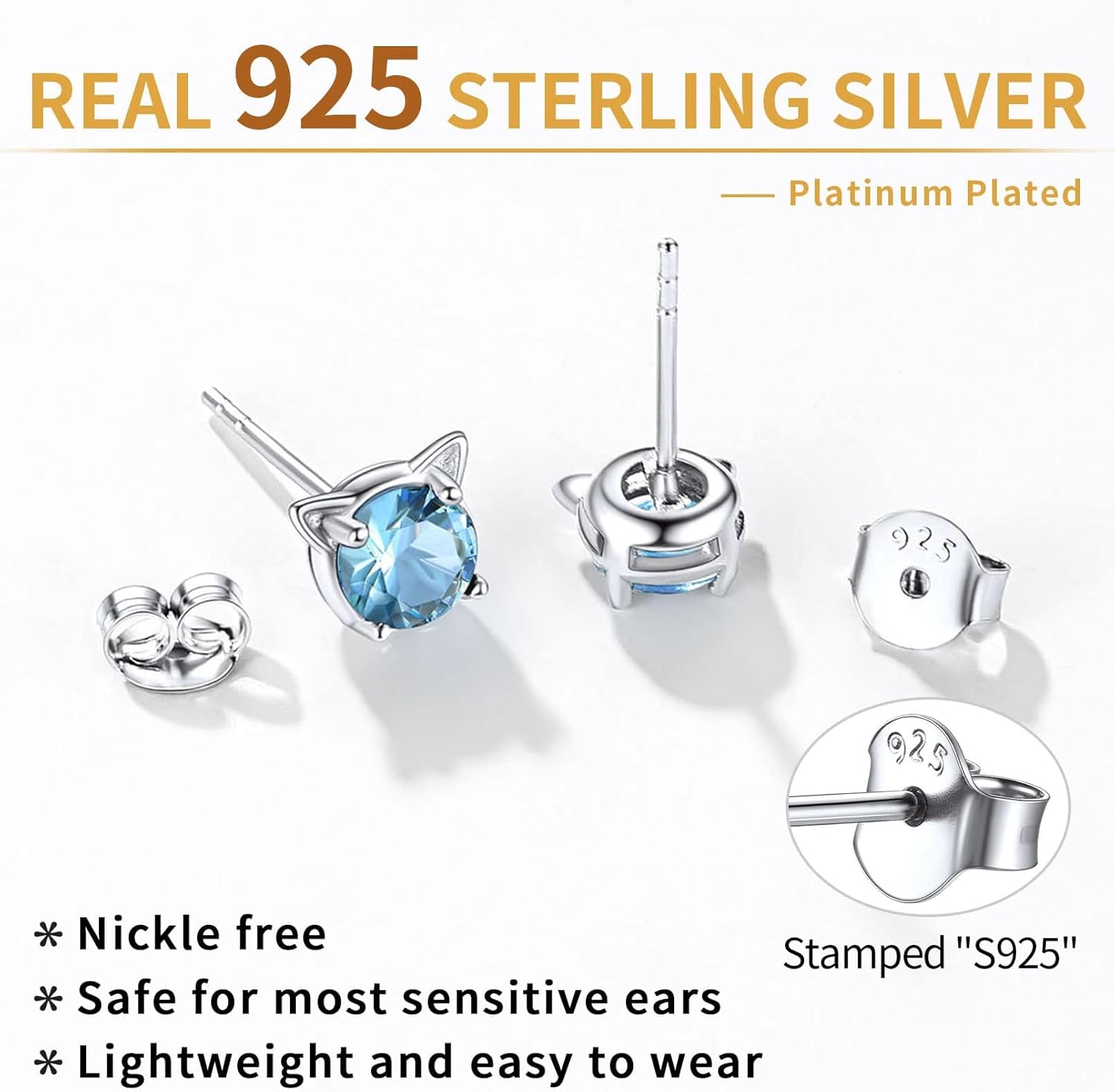 Cute Cat Diamond Birthstone Stud Earrings for women, march birthstone, Aquamarine Pendant, Pisces Birthstone, Aries Birthstone, sterling silver jewelry, gift idea