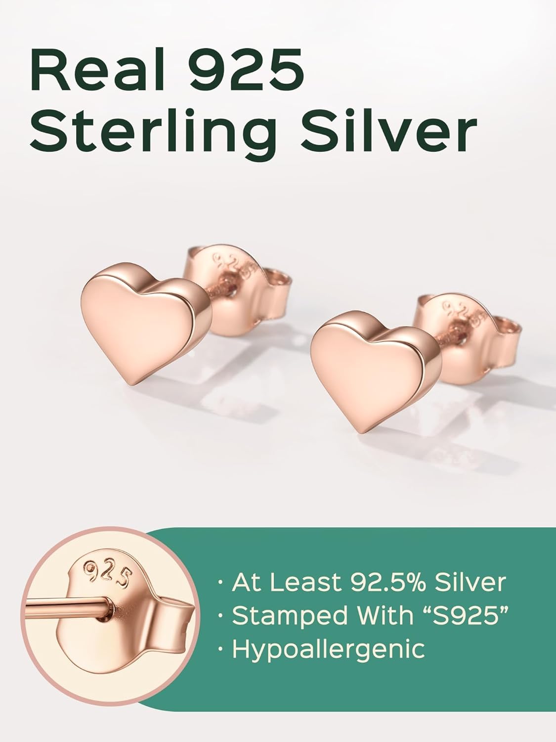 Rose Gold Classic 5mm Heart Stud Earrings for Women and Men, silver jewelry, gift idea, Sterling silver earrings, 925 sterling silver earrings