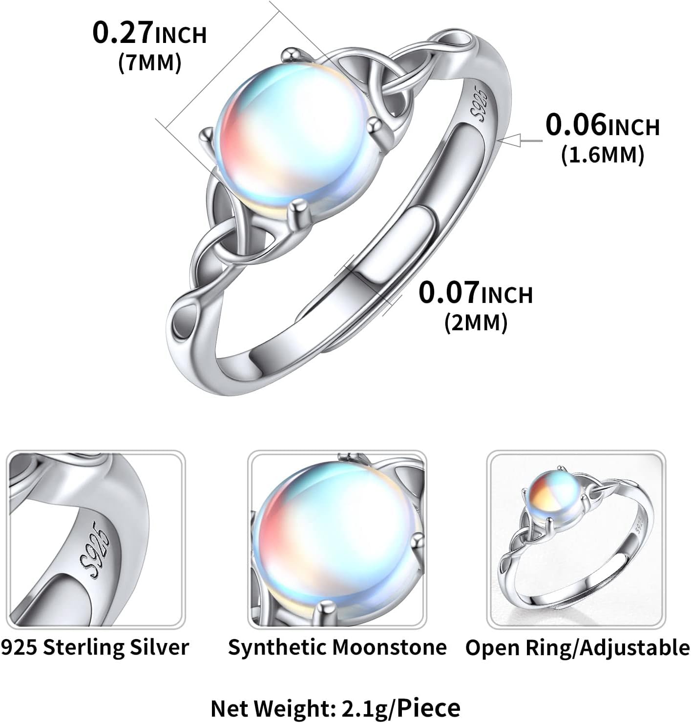 Moonstone Celtic Knot Engagement Promise Wedding Band Rings Details: Dimensions, Hypoallergenic, Adjustable size for 6~11.