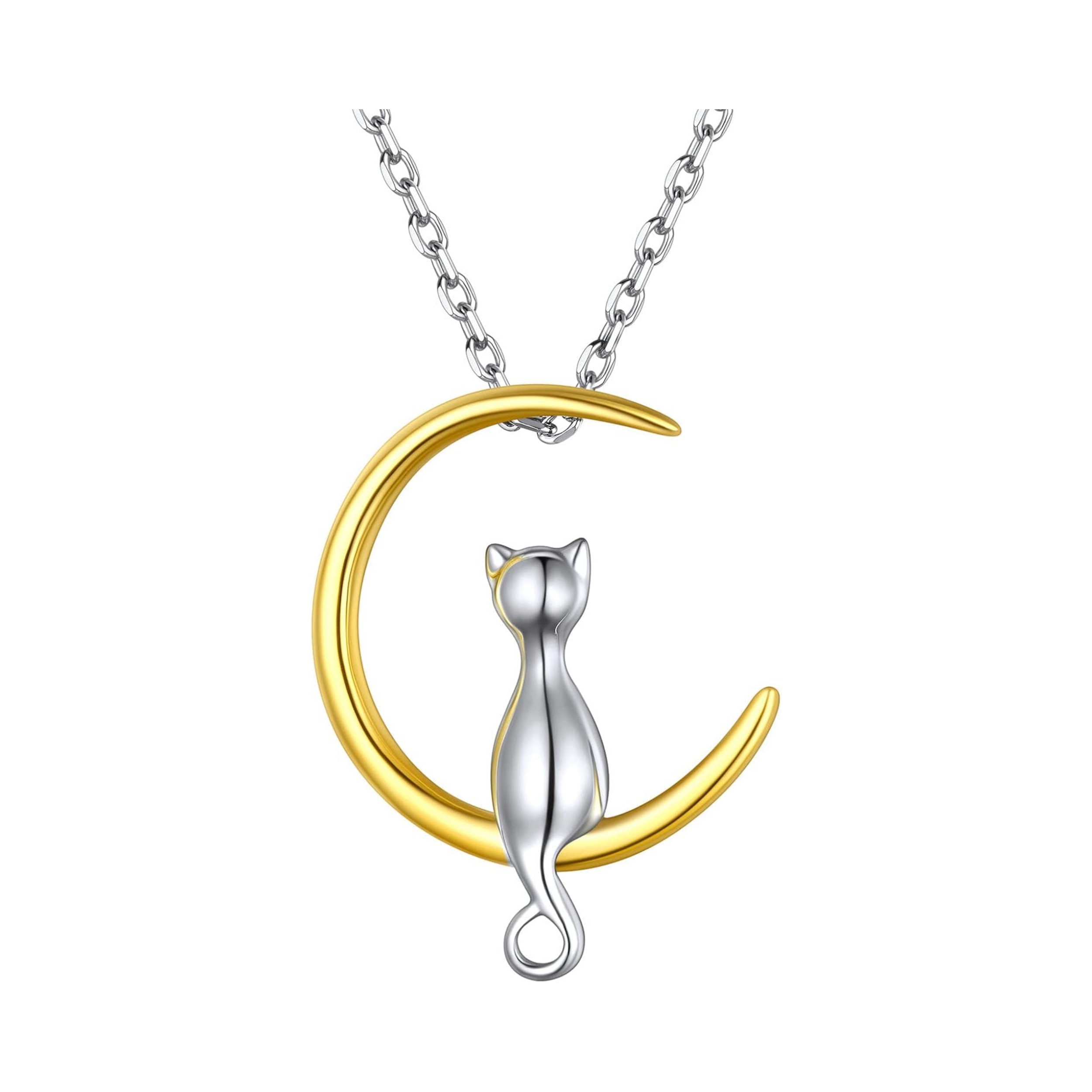 Two Tone Crescent Moon Cat Pendant Necklace
