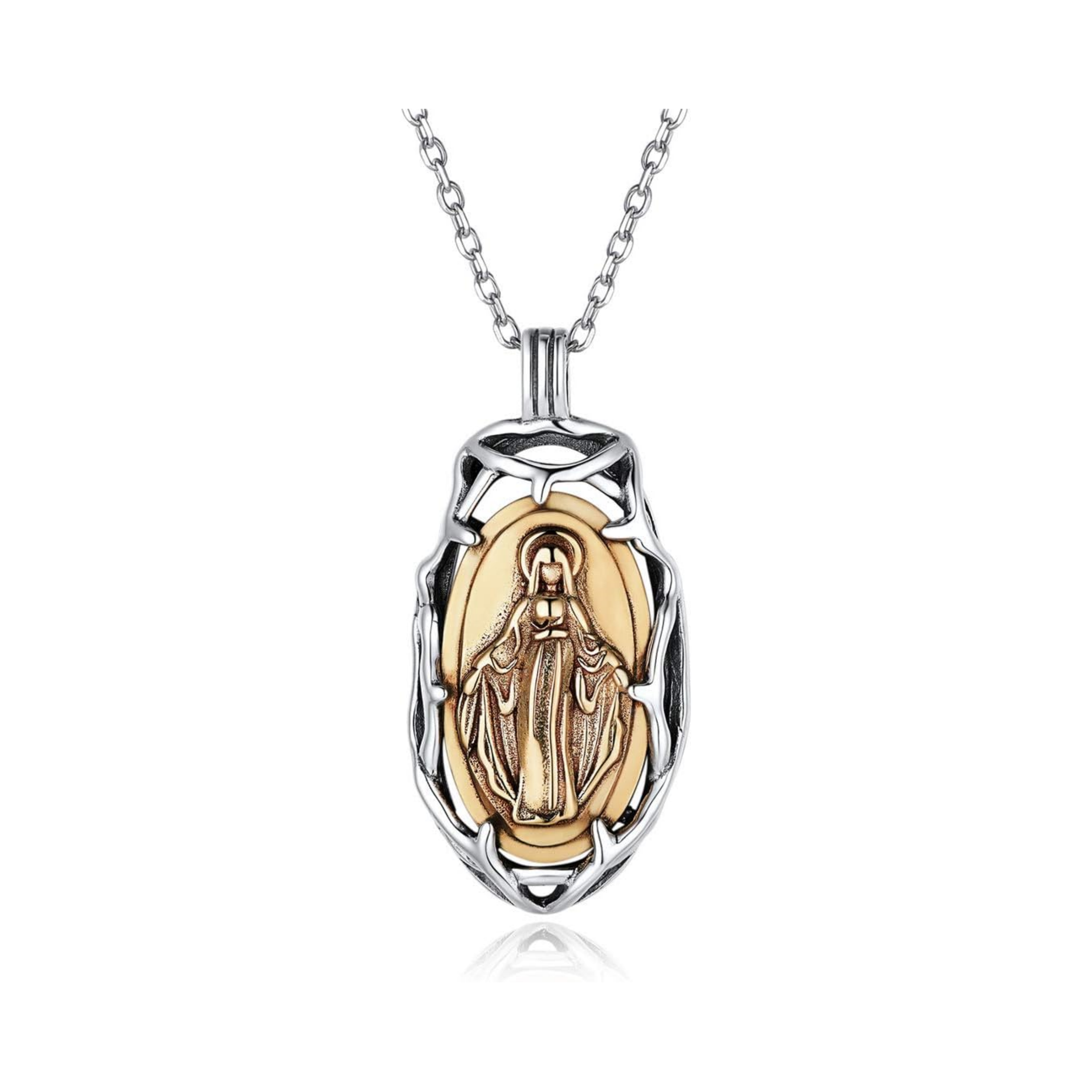 Religious Christian Virgin Mary Oval Enfold Medal Coin Pendant  Necklace