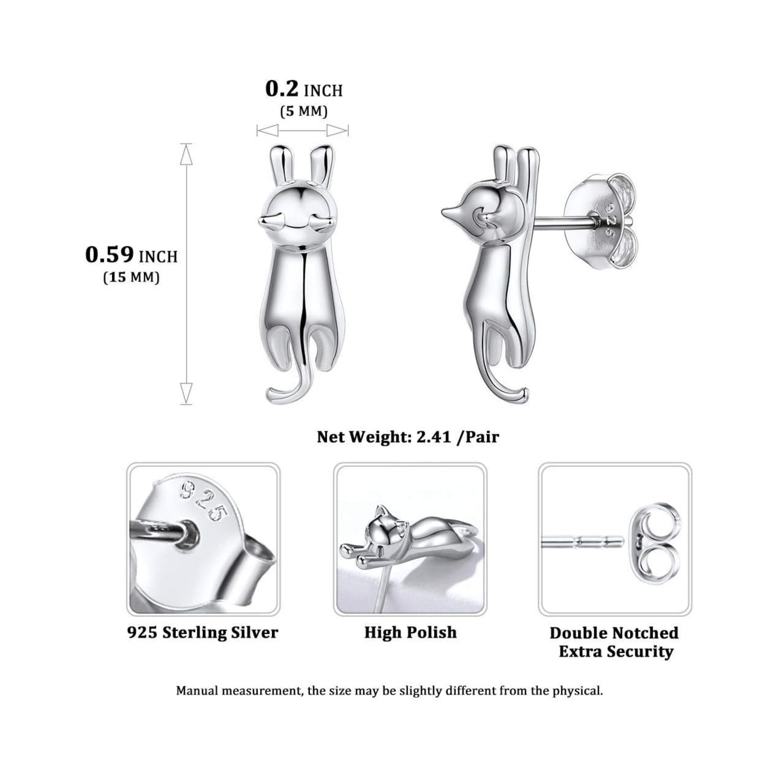 Lovely Cat Stretching Stud Earrings Details: Dimensions, Hypoallergenic, Push Back Finding