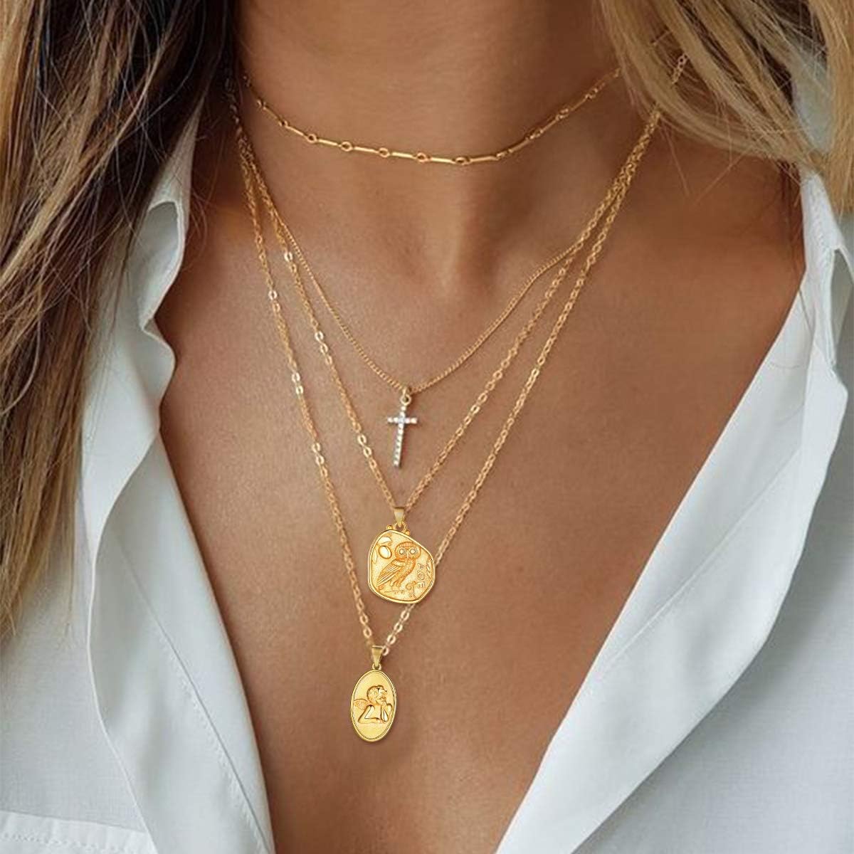 Angel Vintage Round Coin Circle Disc Dainty Pendant Necklaces for Woman