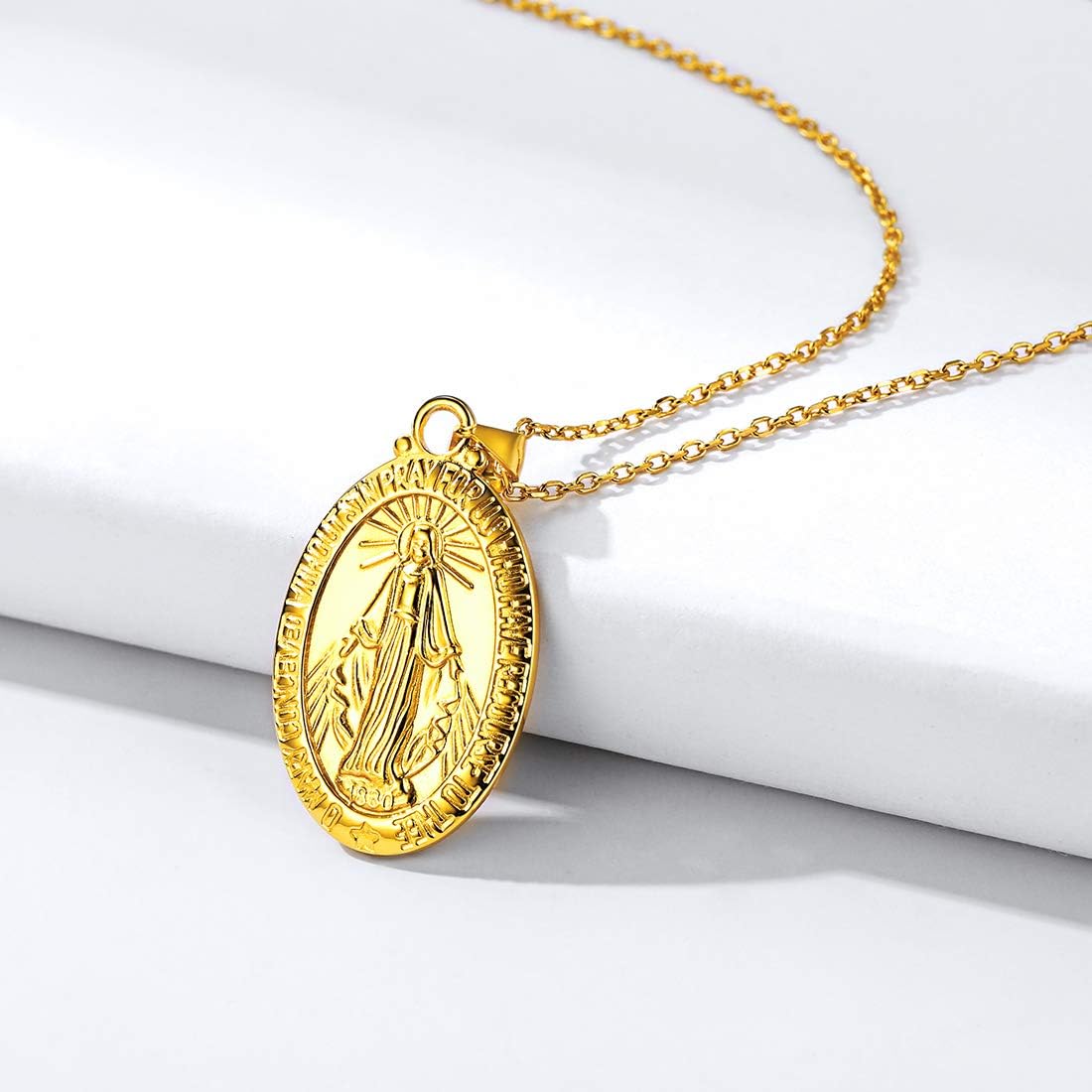 Religious Christian Oval Medal Virgin Mary Necklace for Men & Women, Gold Color