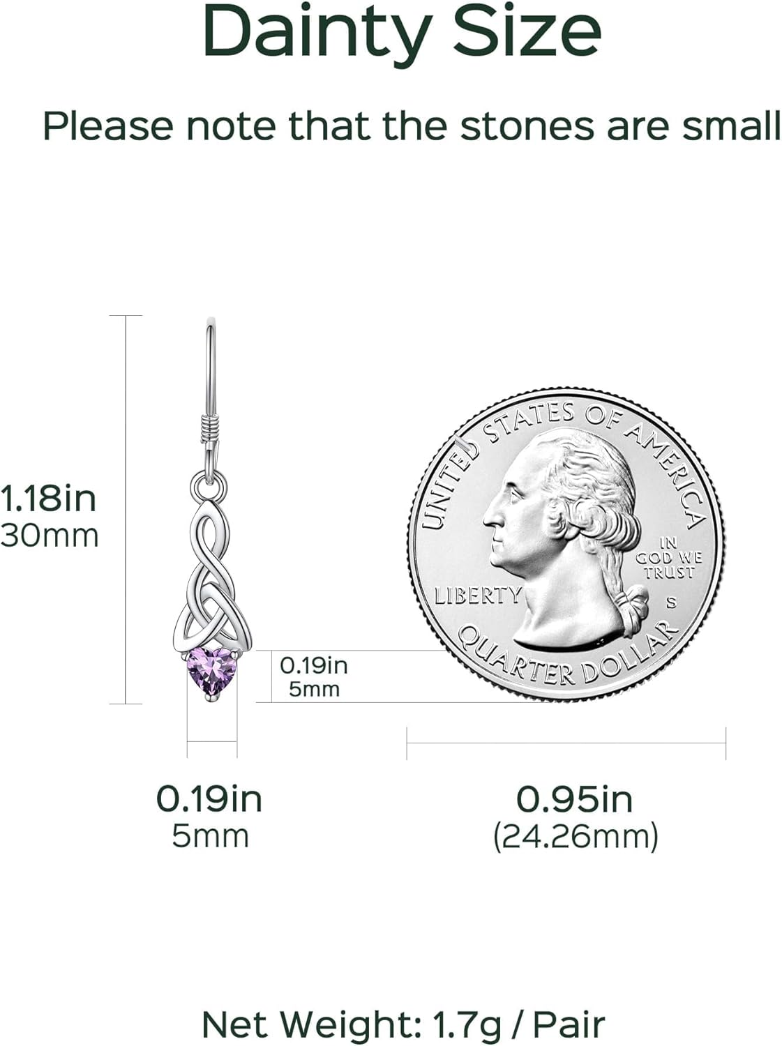 12 Months Sparkling Heart Birthstone & Celtic Knot Drop Dangle Hook Earrings, February birthstone, Amethyst Jewelry, Pisces Birthstone, Aquarius Birthstone, sterling silver jewelry, gift idea