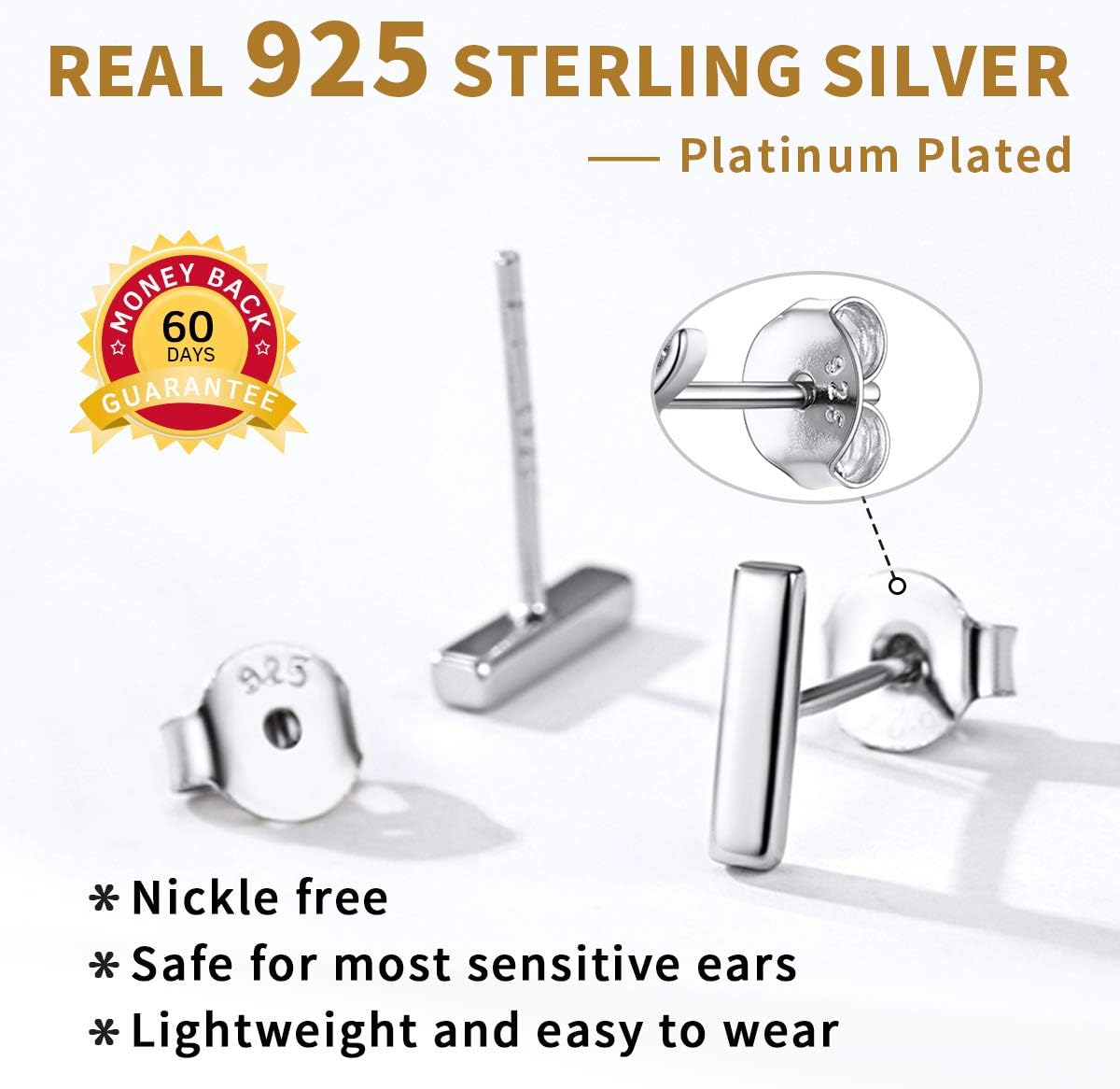 Sterling Silver Dainty Simple Bar Stud Earrings