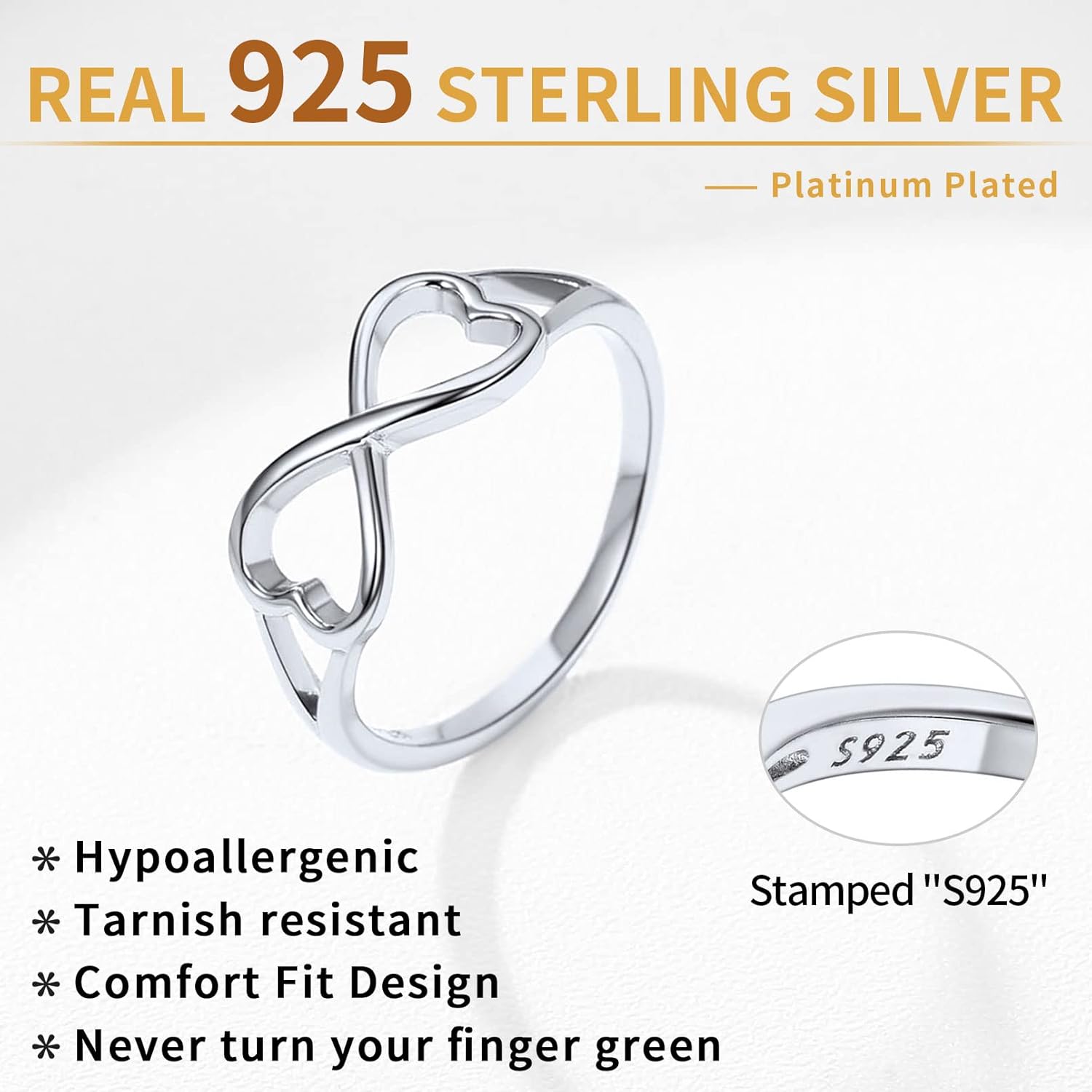 Sterling Silver  Simple Heart Infinity Knot Eternity Wedding Band Promise Rings