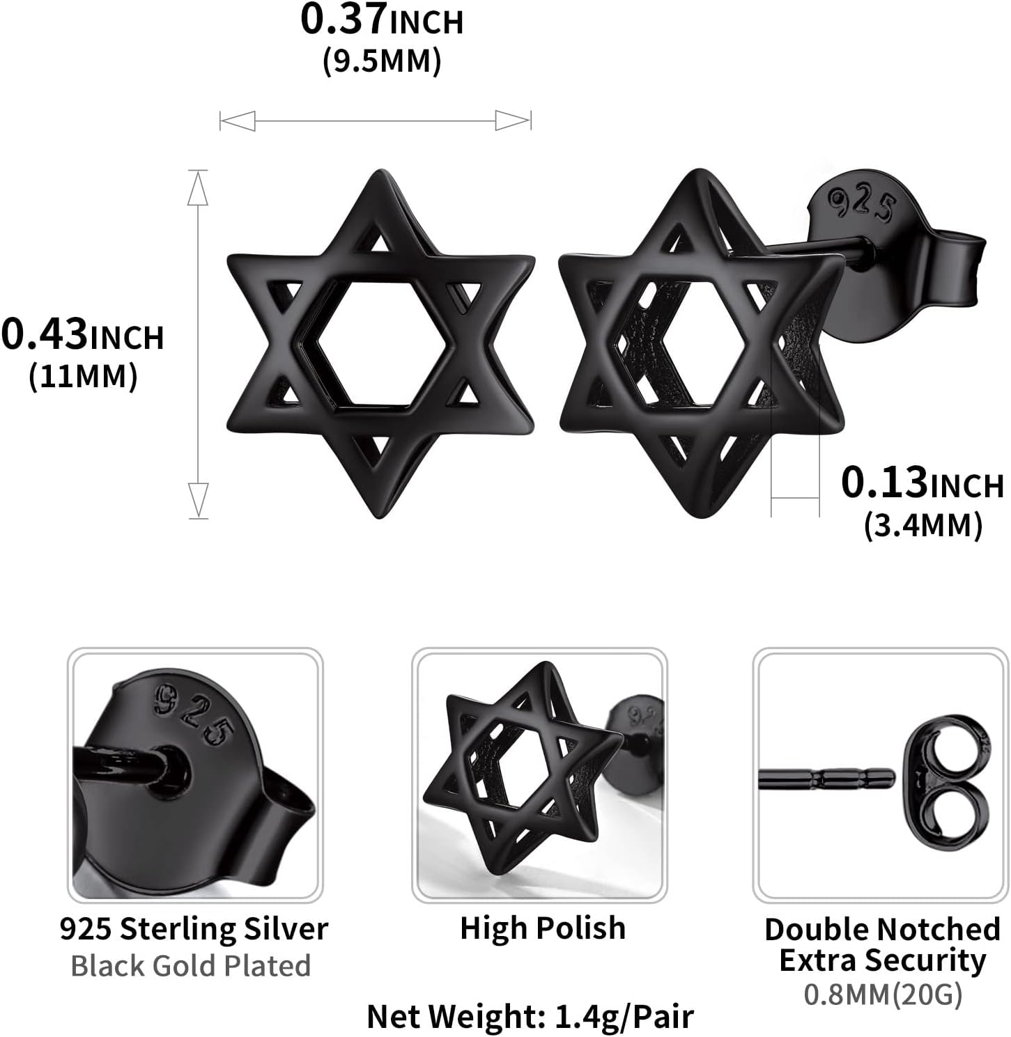 Hollow Star of David Stud Earrings Details: Dimensions, Hypoallergenic, Push Back Finding