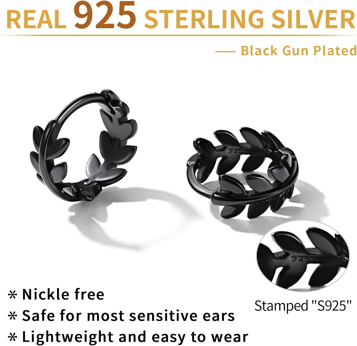 Sterling Silver Hypoallergenic Leaf Lightweight Chunky Thick Huggie Hoop Earrings