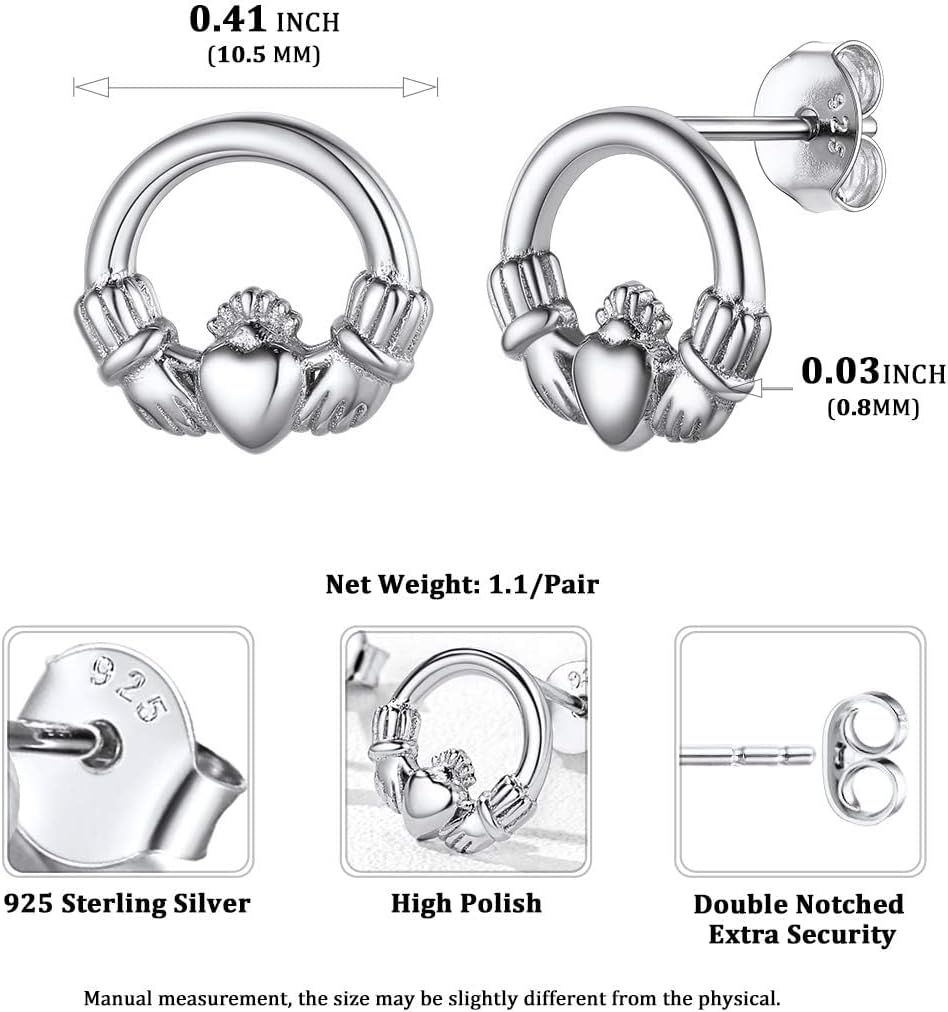 Celtic Claddagh Friendship Love Heart Stud Earrings  Details: Dimensions, Hypoallergenic, Lever Back.