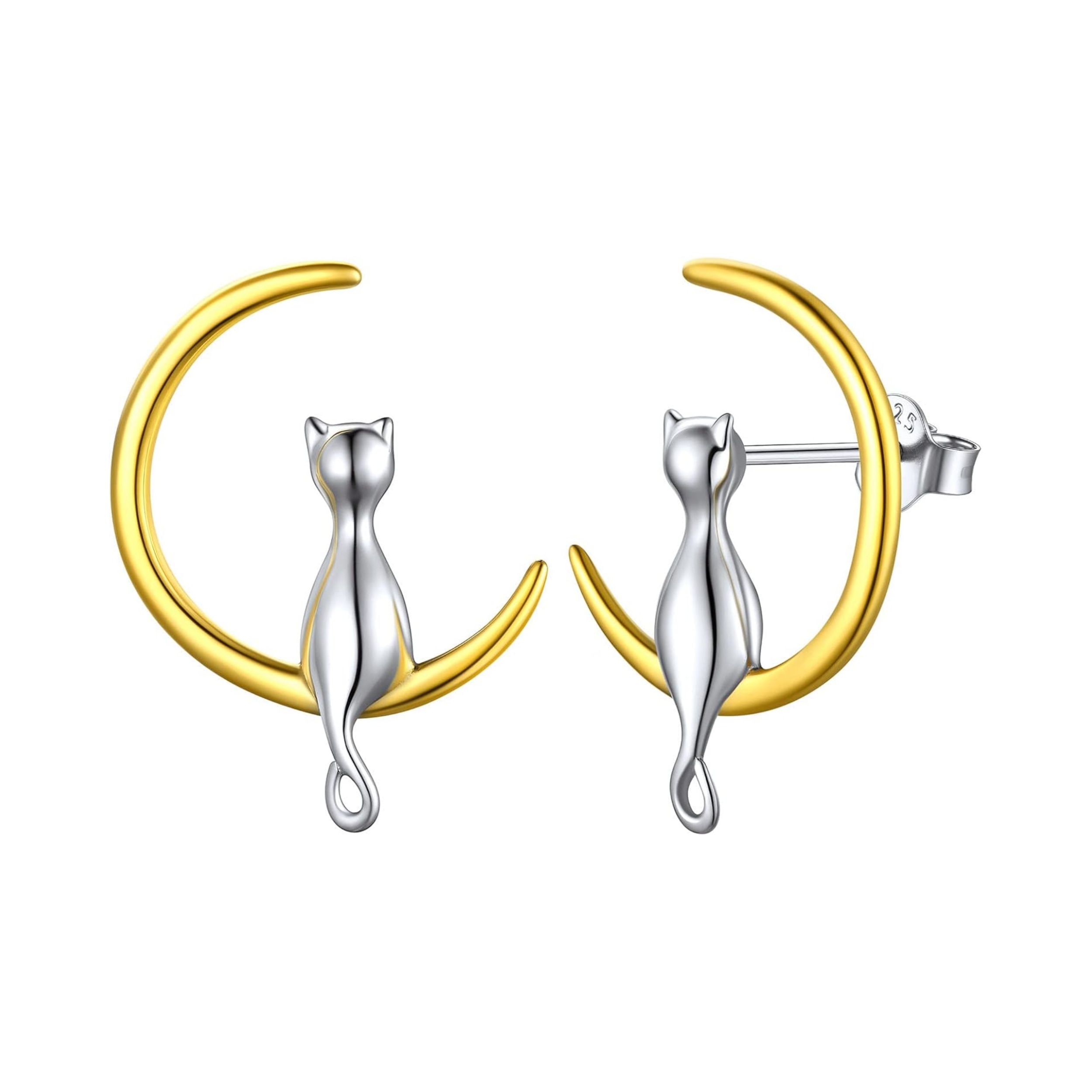 Lovely Cat and Moon Stud Earrings