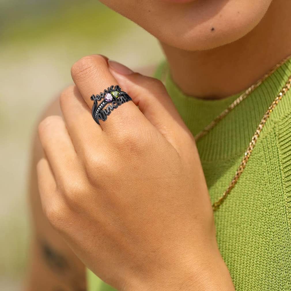 Custom Heart Birthstone 3D Name Ring  for wife, girlfriend