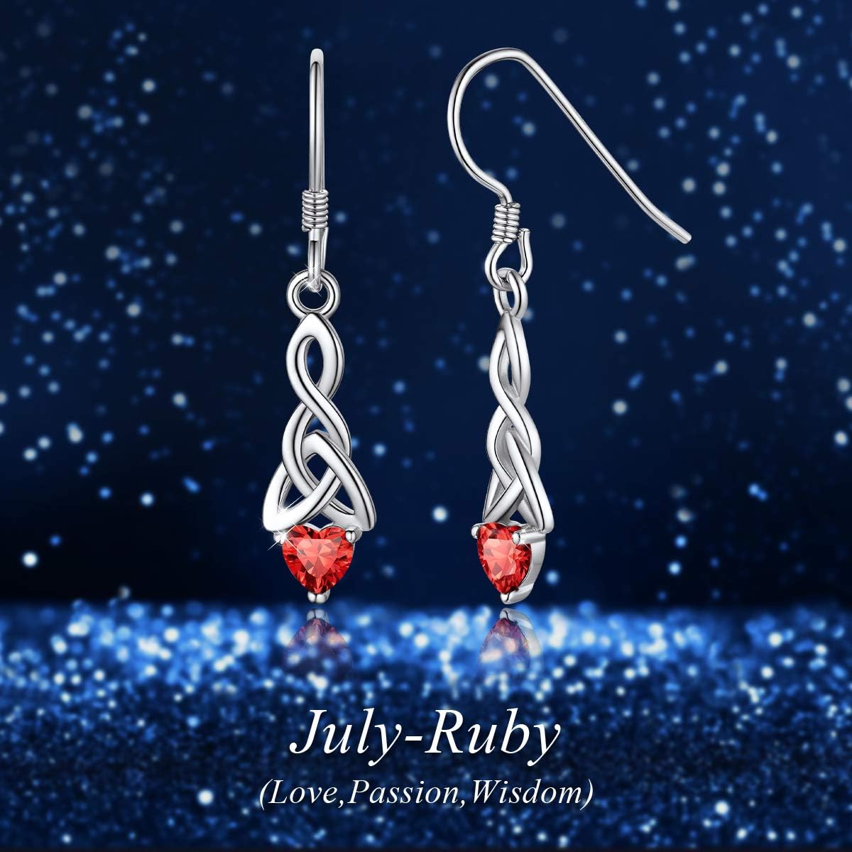 12 Months Sparkling Heart Birthstone & Celtic Knot Drop Dangle Hook Earrings, july birthstone, Ruby Pendant, Cancer Birthstone, Leo Birthstone,  sterling silver jewelry, gift idea