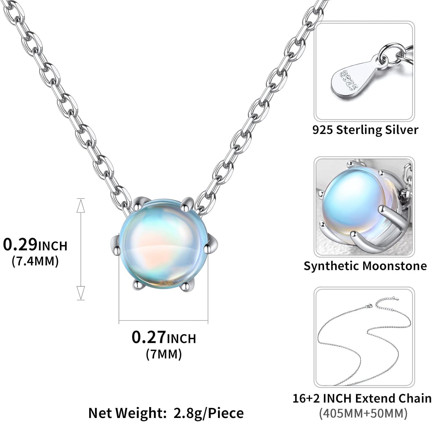 Round Cut Gemstone Solitaire June Moonstone Pendant Necklace