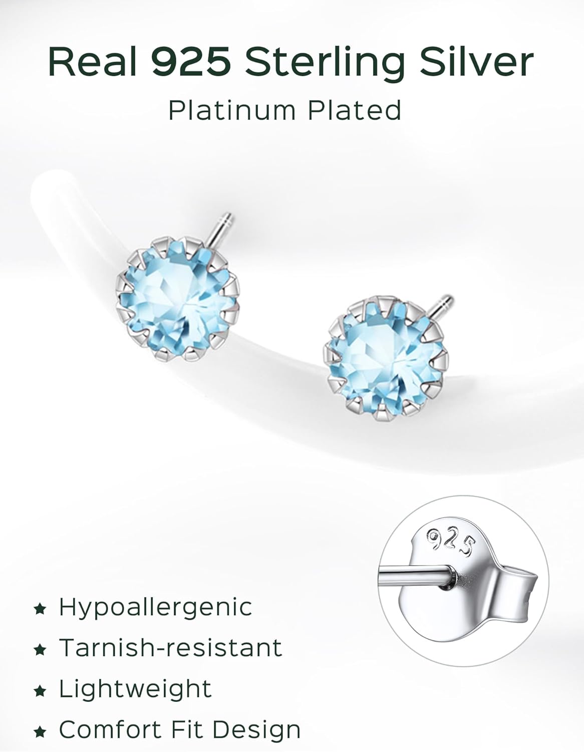 Round March Birthstone Gemstone Aquamarine & Cubic Zirconia Stud Earrings for Women, aquamarine jewelry, women's jewelry, sterling silver earrings, march birthstone, Pisces Birthstone, Aries Birthstone, gift idea