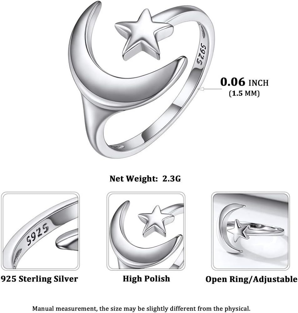 Simple Stackable Knuckle Moon and Star Wrap Open Adjustable Ring