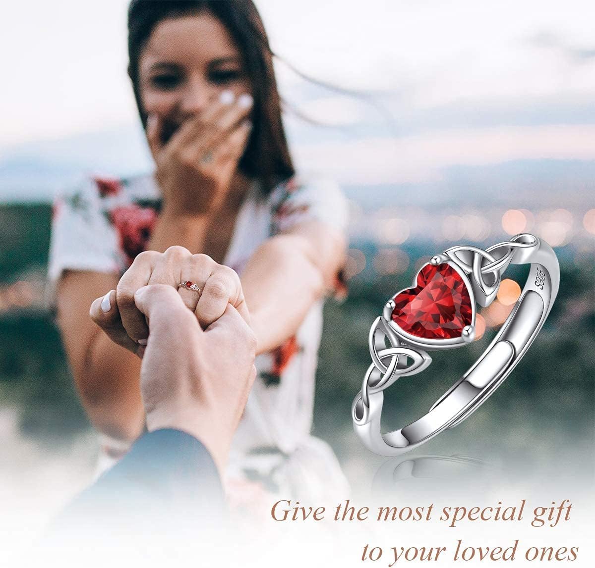 12 Months Celtic Knot & Heart Shape Birthstone Promise Rings for Women, jan birthstone, Garnet rings, Capricorn Birthstone, Aquarius Birthstone, sterling silver promise rings, gift idea