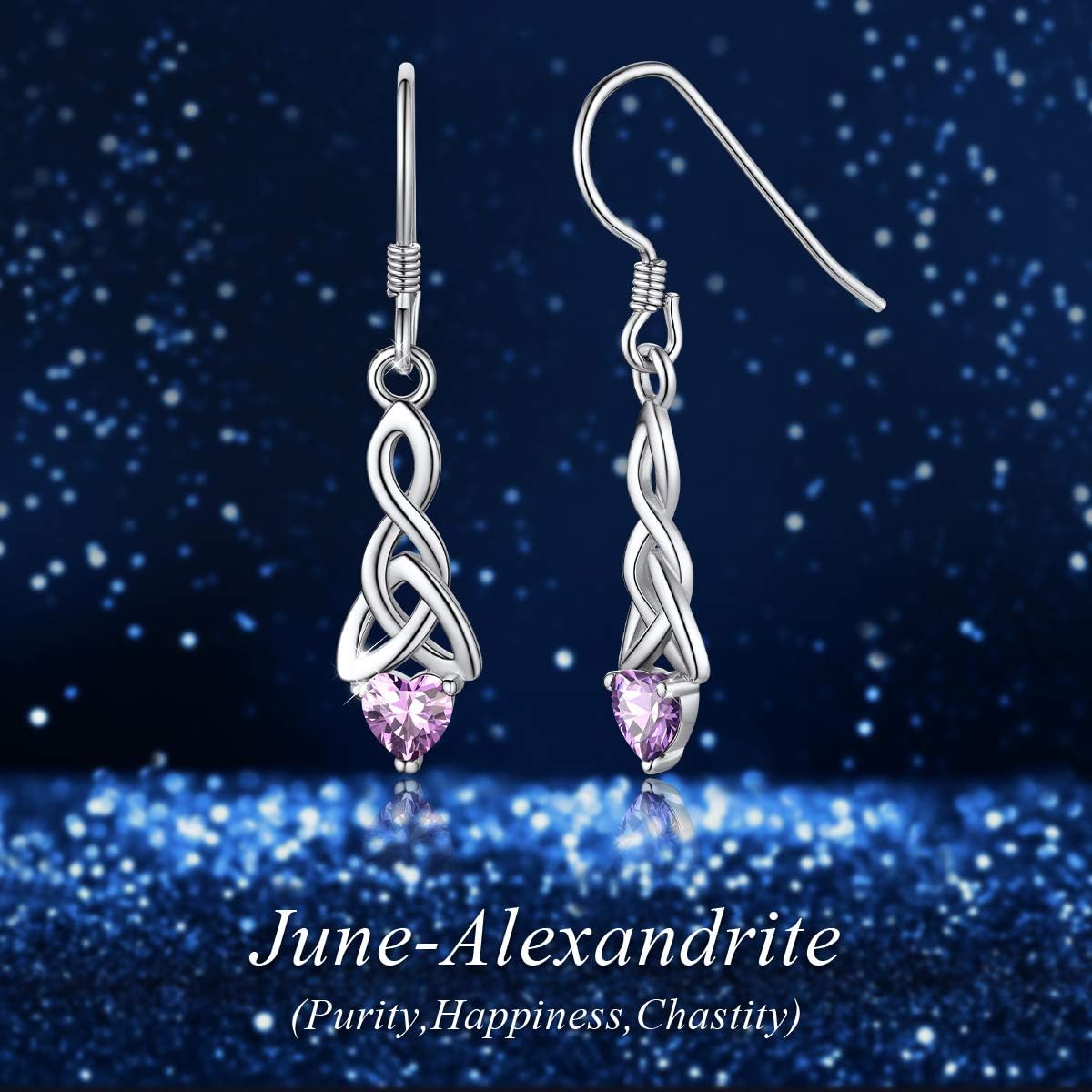 12 Months Sparkling Heart Birthstone & Celtic Knot Drop Dangle Hook Earrings, june birthstone, Alexandrite Jewelry, Gemini Birthstone, Cancer Birthstone, sterling silver jewelry, gift idea