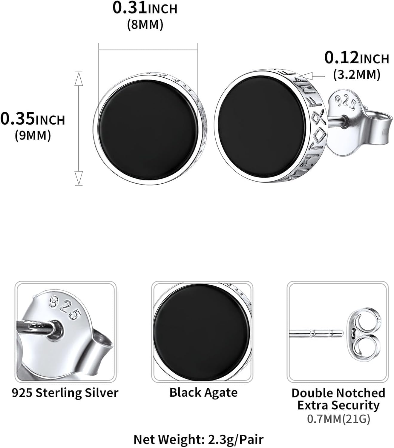 Black Onyx with Viking Rune Stud Earrings Details: Dimensions, Hypoallergenic, Push Back Finding
