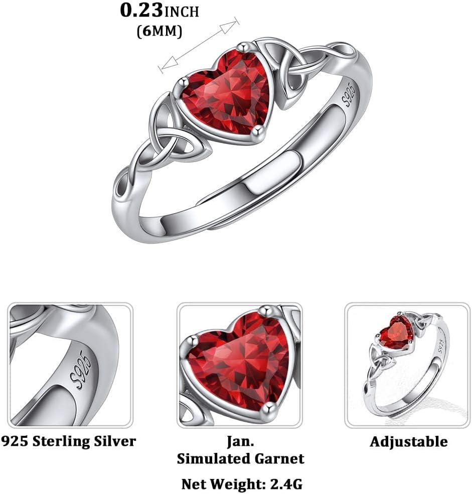 12 Months Celtic Knot & Heart Shape Birthstone Promise Rings for Women, jan birthstone, Garnet rings, Capricorn Birthstone, Aquarius Birthstone, sterling silver promise rings, gift idea