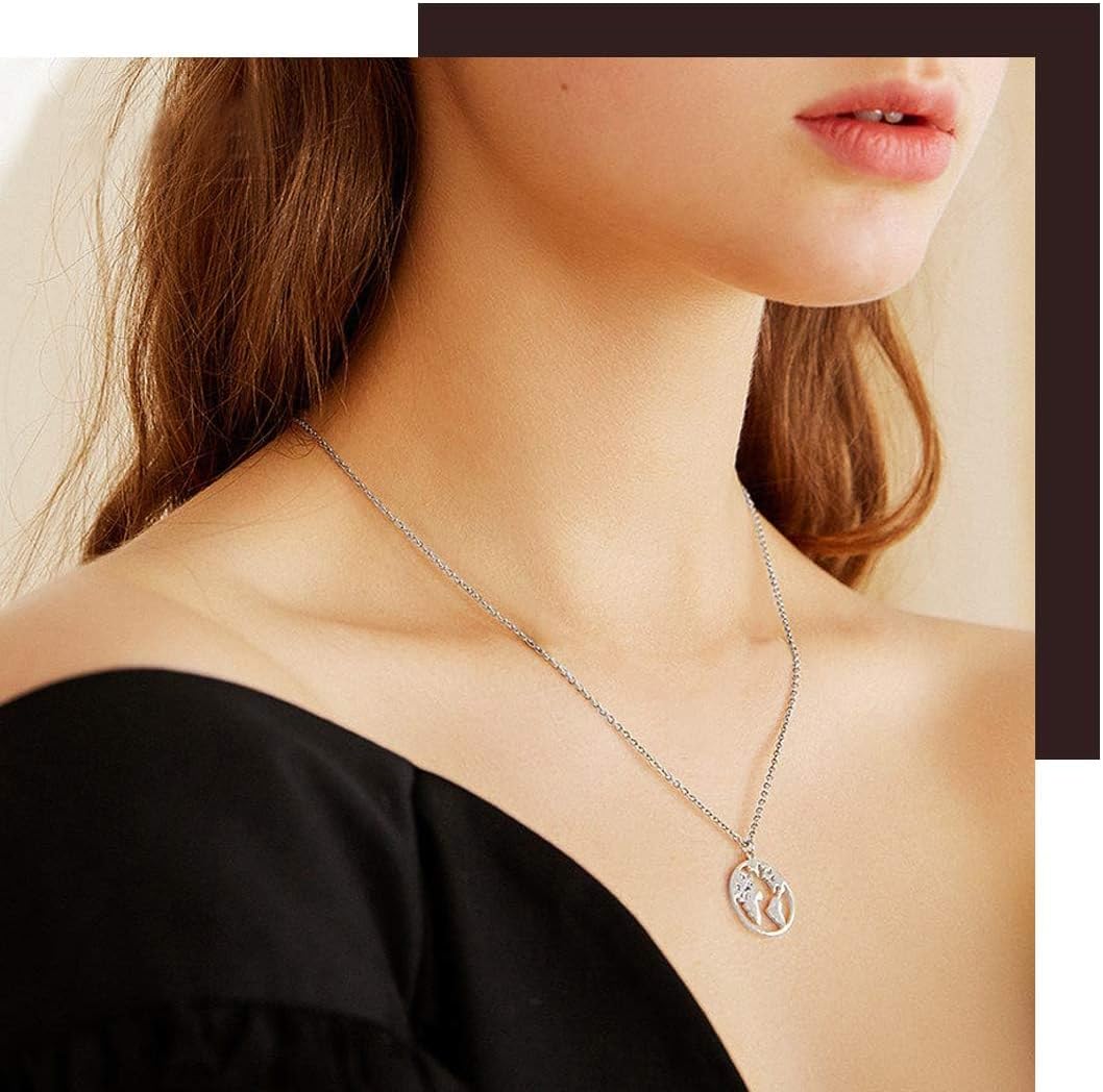Earth Map Charm Round Pendant Necklace for Women