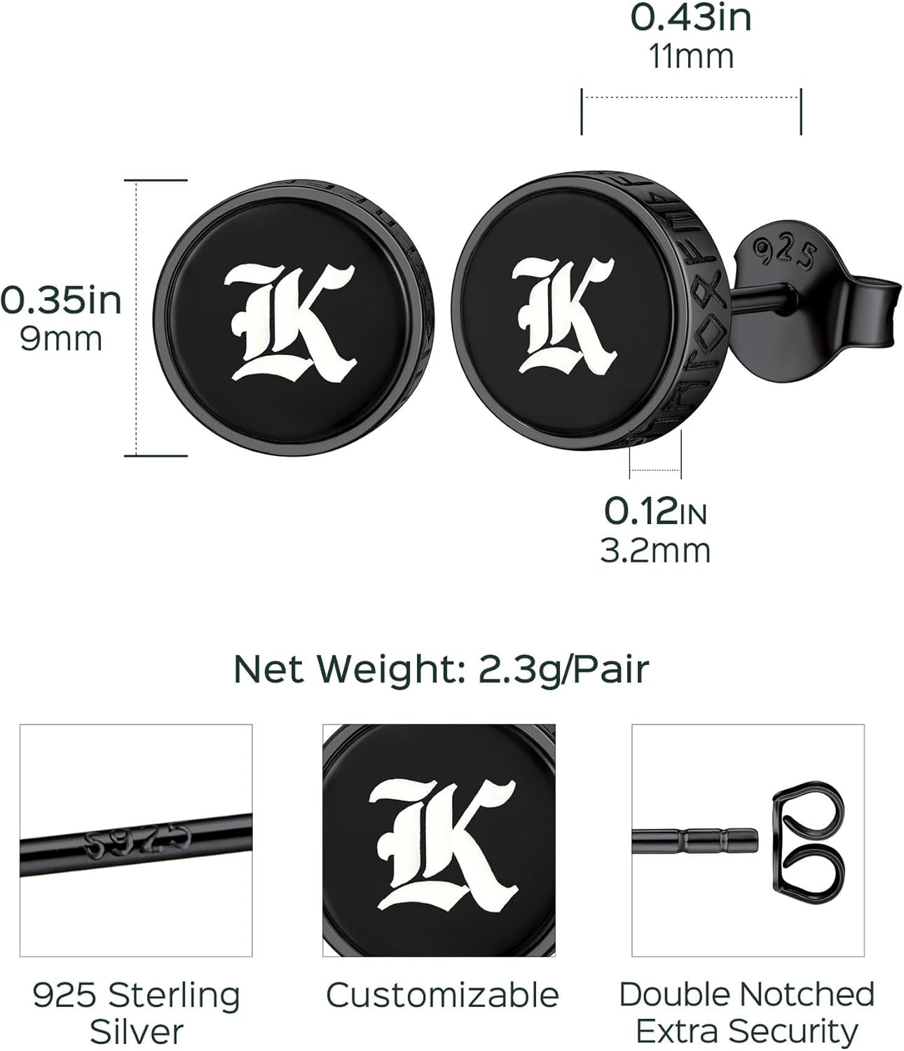 Black Onyx with Viking Rune Engrave Stud Earrings Details: Dimensions, Hypoallergenic, Push Back Finding