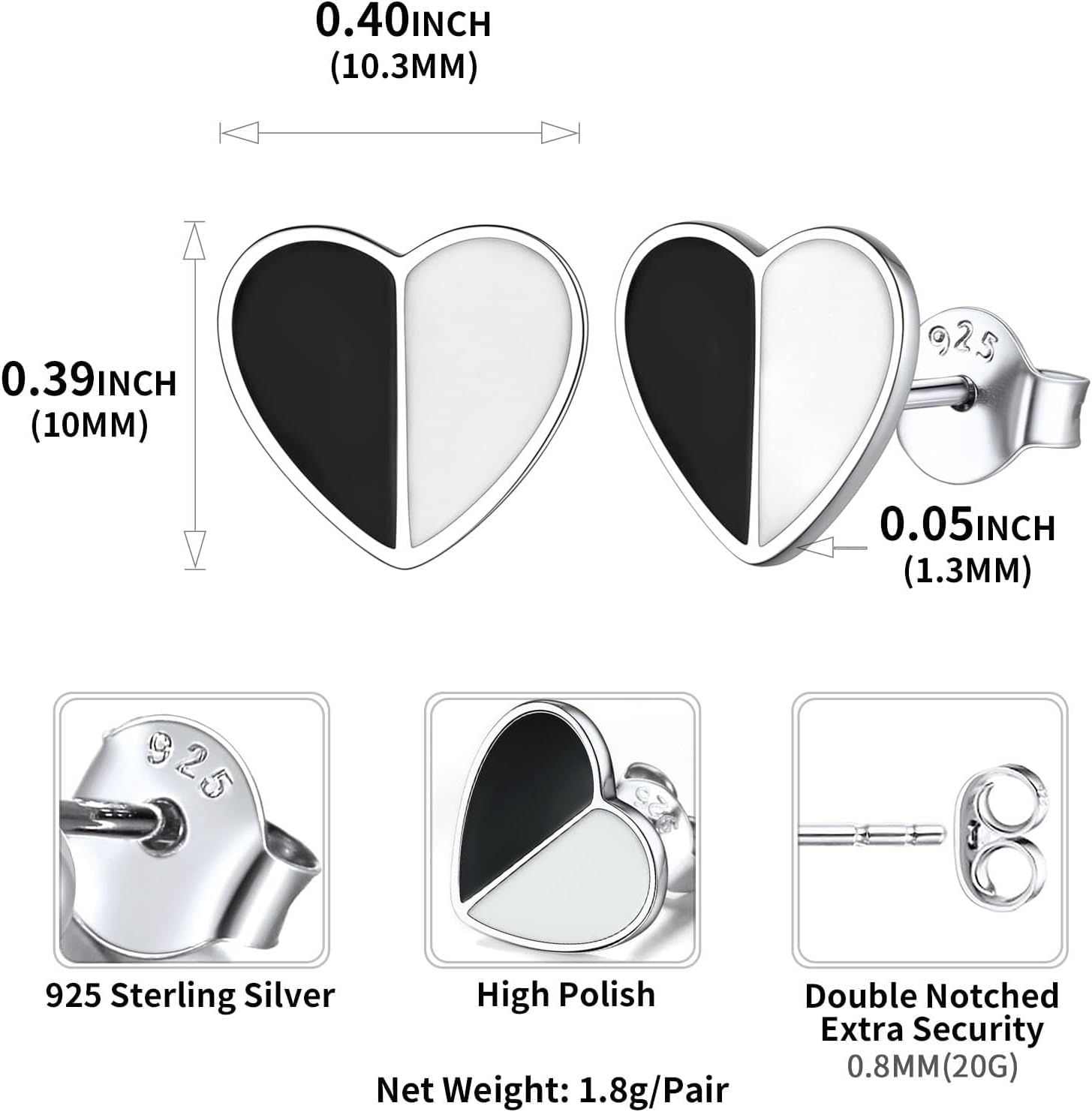 White & Black Heart Stud Earrings Details: Dimensions, Hypoallergenic, Push Back Finding