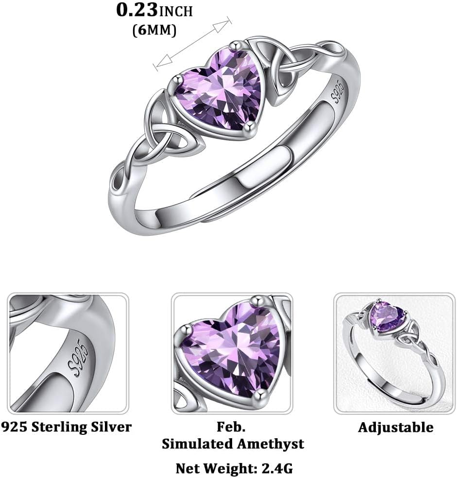 12 Months Celtic Knot & Heart Shape Birthstone Promise Rings for Women, jan birthstone, February birthstone, Amethyst Jewelry, Pisces Birthstone, Aquarius Birthstone, sterling silver promise rings, gift idea