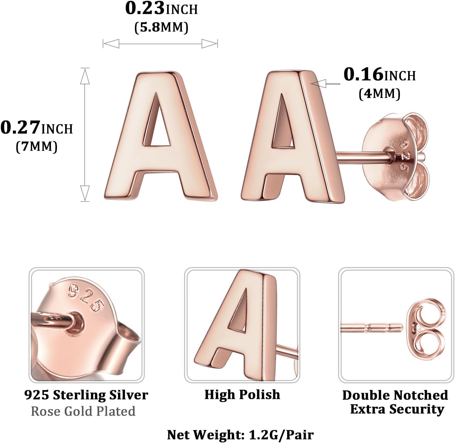 A-Rose Gold ChicSilver Hypoallergenic Initial Letter Earrings Studs, sterling silver jewlery, 925 sterling silver earrings, Initial Earrings, gift idea,  A to Z  jewelry