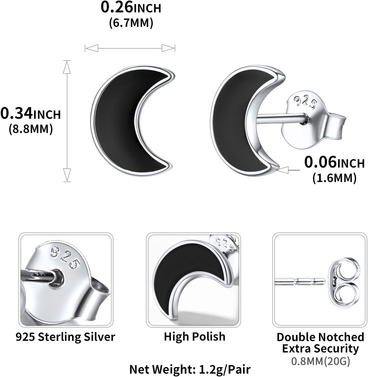 Small Black Moon Stud Earrings