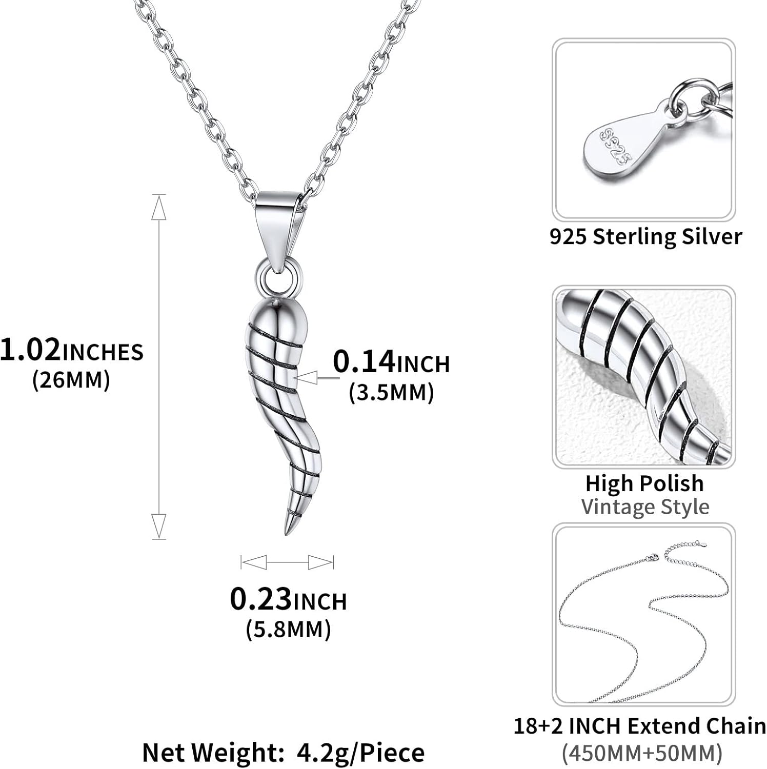 Twisted Italian Horn Necklace Details: Dimensions, Hypoallergenic, Lobster-Claw-Clasps