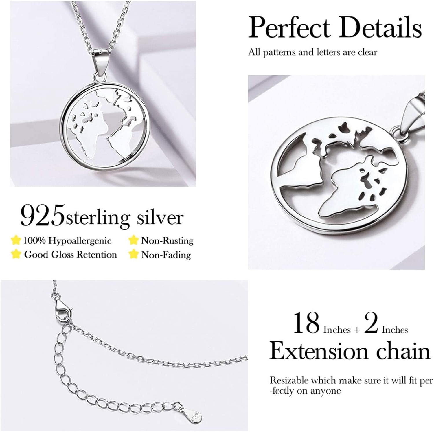 Sterling Silver Earth Map Charm Round Pendant Necklace