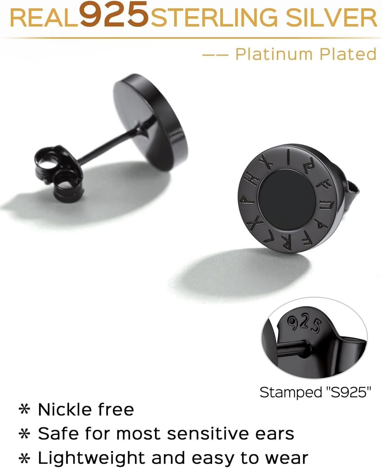 Sterling Silver Viking Front Rune Outer Ring Black Onyx Stud Earrings