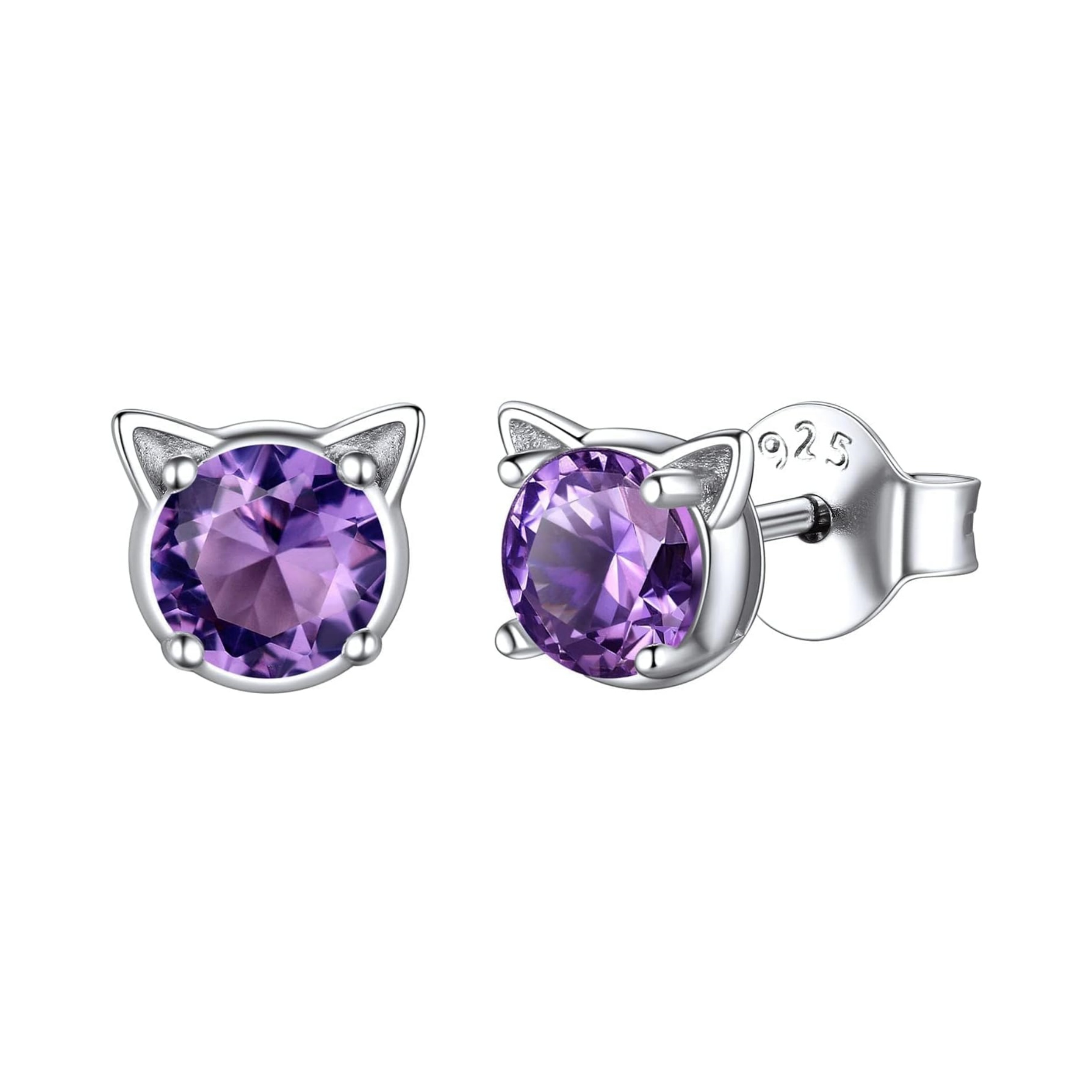 Cute Cat Diamond Birthstone Stud Earrings for women, February birthstone, Amethyst Jewelry, Pisces Birthstone, Aquarius Birthstone, sterling silver Earrings, gift idea