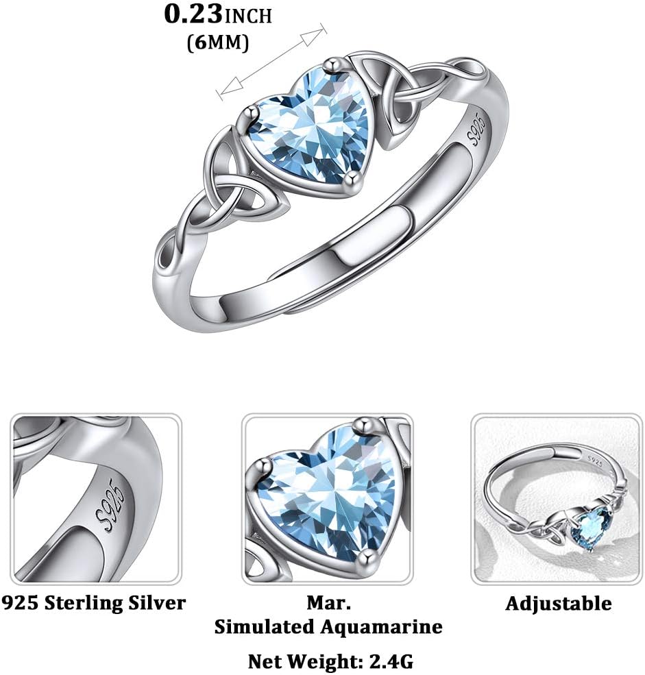 12 Months Celtic Knot & Heart Shape Birthstone Promise Rings for Women, march birthstone, Aquamarine Pendant, Pisces Birthstone, Aries Birthstone, sterling silver promise rings, gift idea