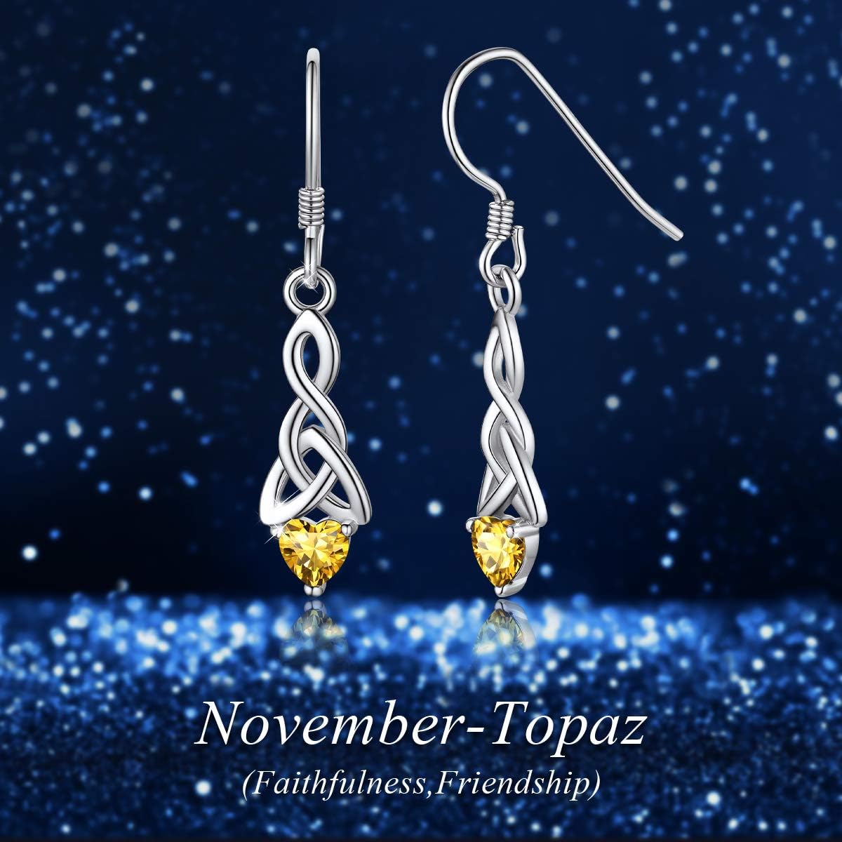 12 Months Sparkling Heart Birthstone & Celtic Knot Drop Dangle Hook Earrings, november birthstone, Citrine Jewelry, Scorpio Birthstone, Sagittarius Birthstone, sterling silver jewelry, gift idea