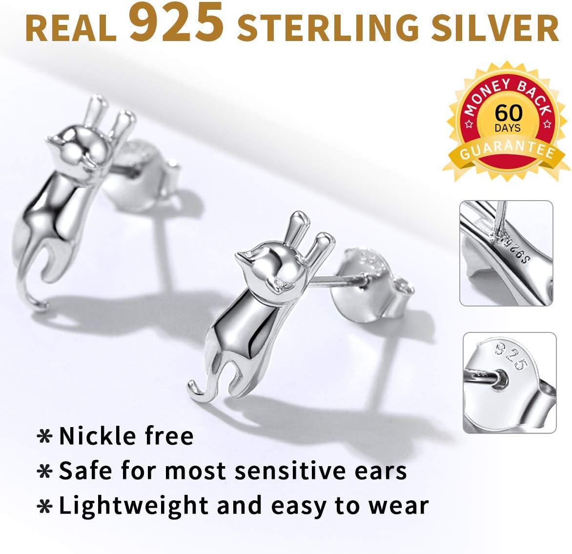 Sterling Silver Lovely Cat Stretching Stud Earrings