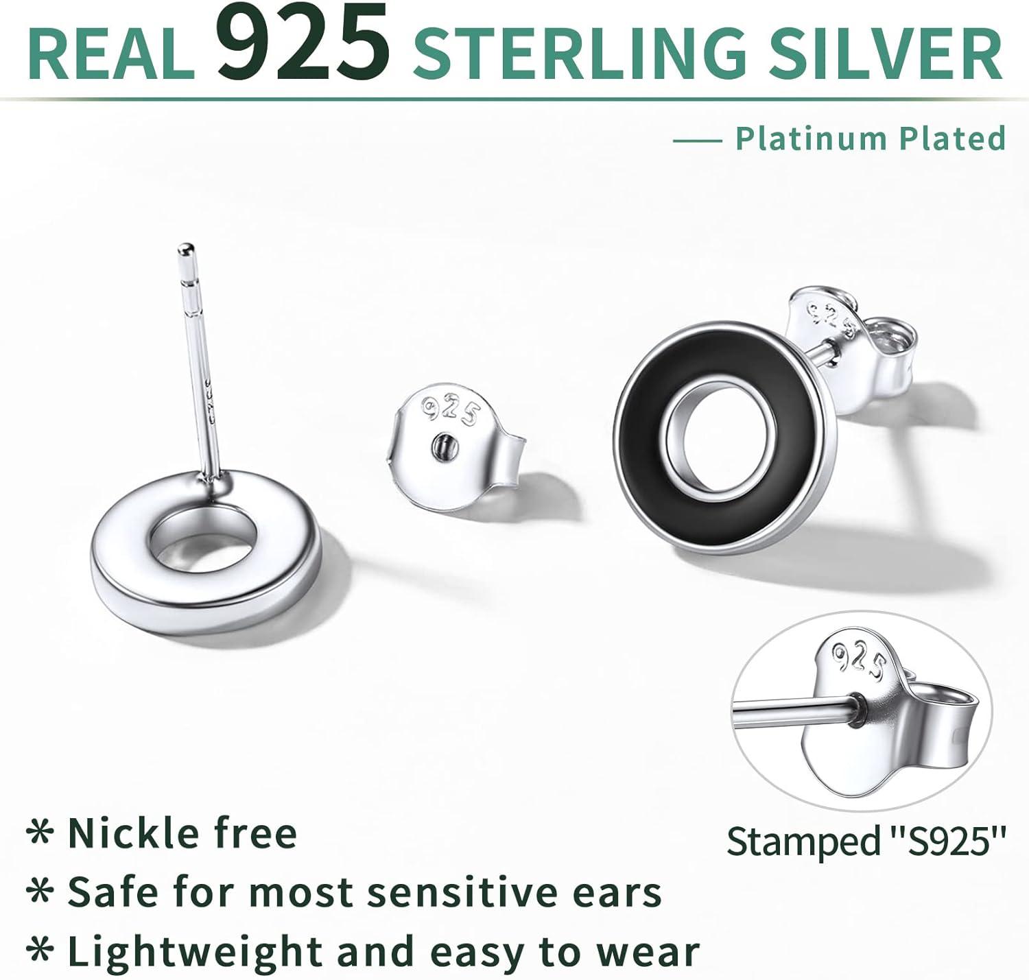 Sterling Silver Simple Hollow Black Circle Stud Earrings