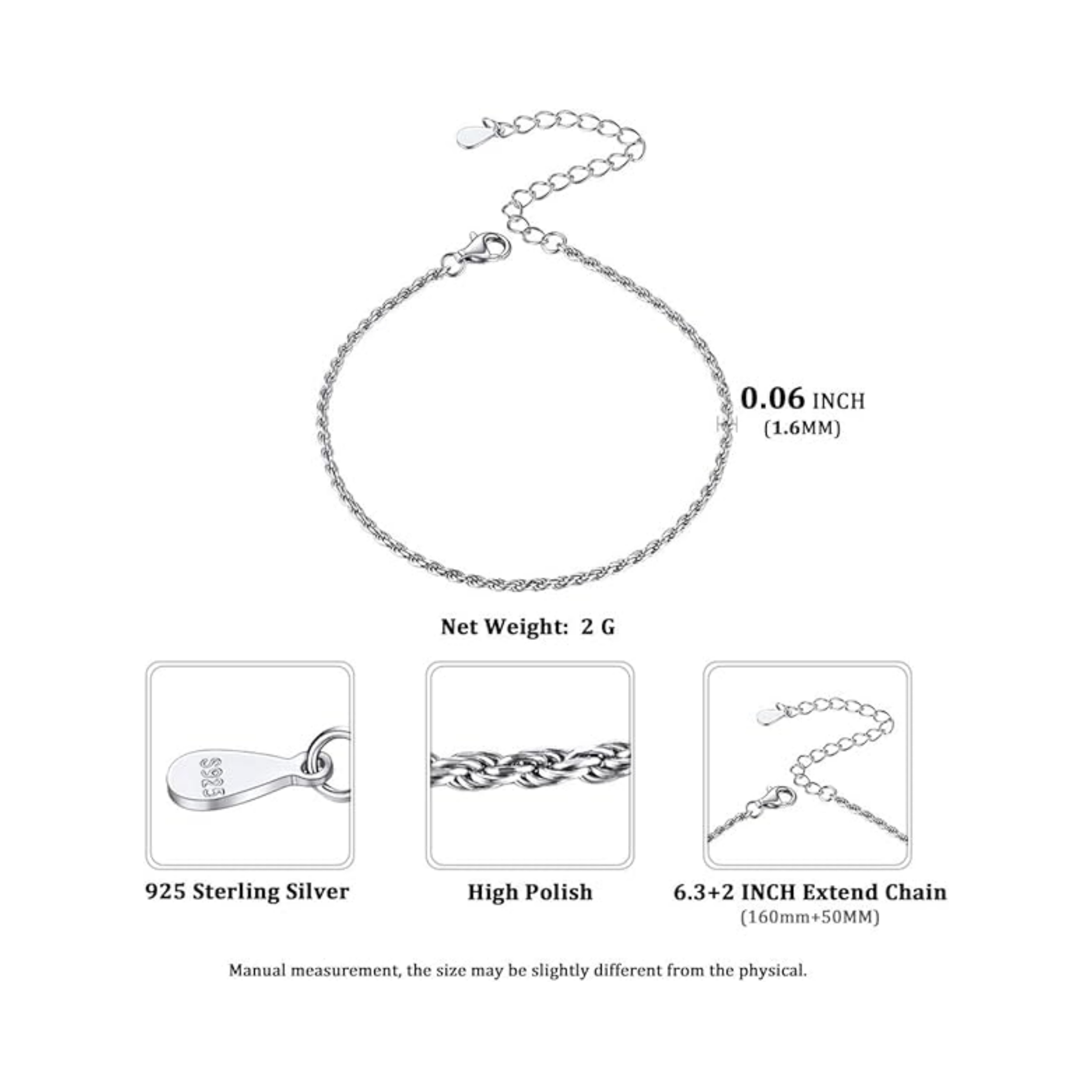 6mm 925 Sterling Silver Twist Rope Chain Bracelet Details: Dimensions, Hypoallergenic, Lobster-Claw-Clasps