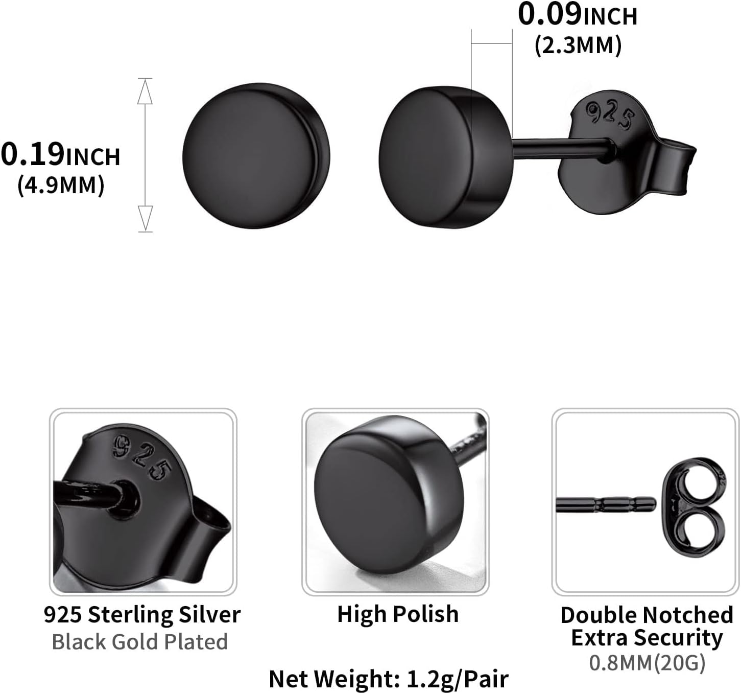 Tiny Dot Round Disc Stud Earrings Details: Dimensions, Hypoallergenic, Push Back.