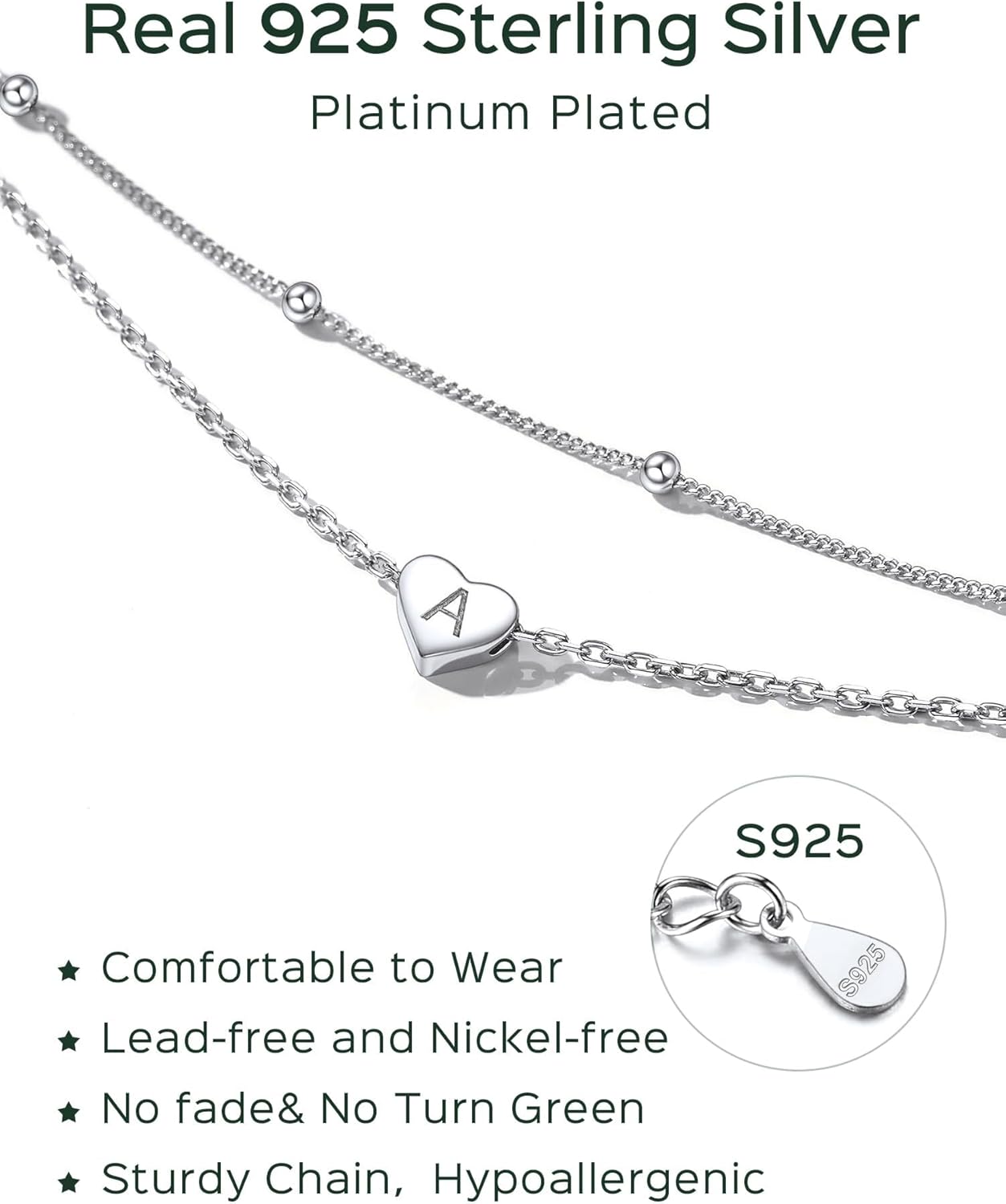 Heart Initials Dainty Layered Anklets With Beaded